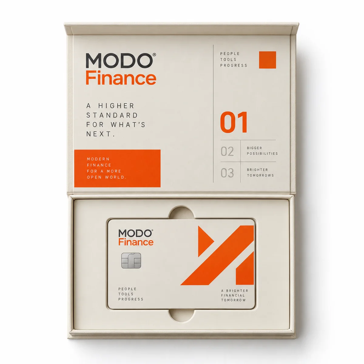 Overhead view of an open ivory MODO Finance rigid card box with orange geometric graphics, typography and fitted card insert.