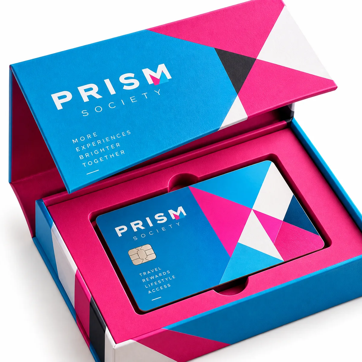 PRISM Society rigid credit card presentation box with cyan and magenta geometric printing, open lid and matching card in a pink insert.