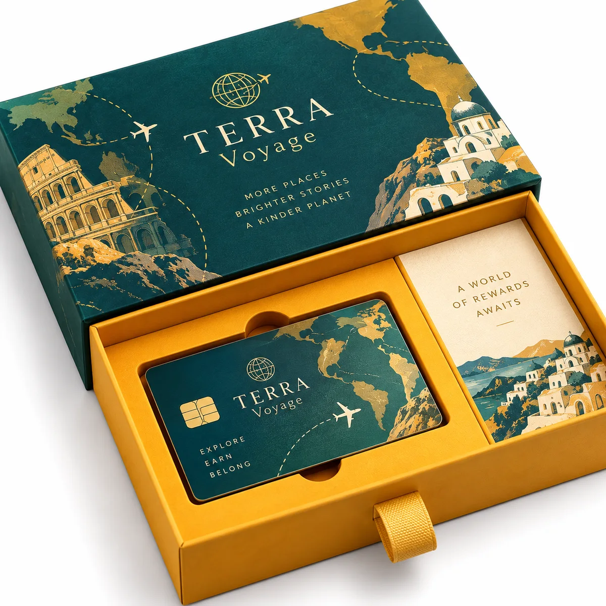 Emerald TERRA Voyage rigid drawer presentation box with saffron-yellow interior, travel illustrations, branded card and welcome panel.