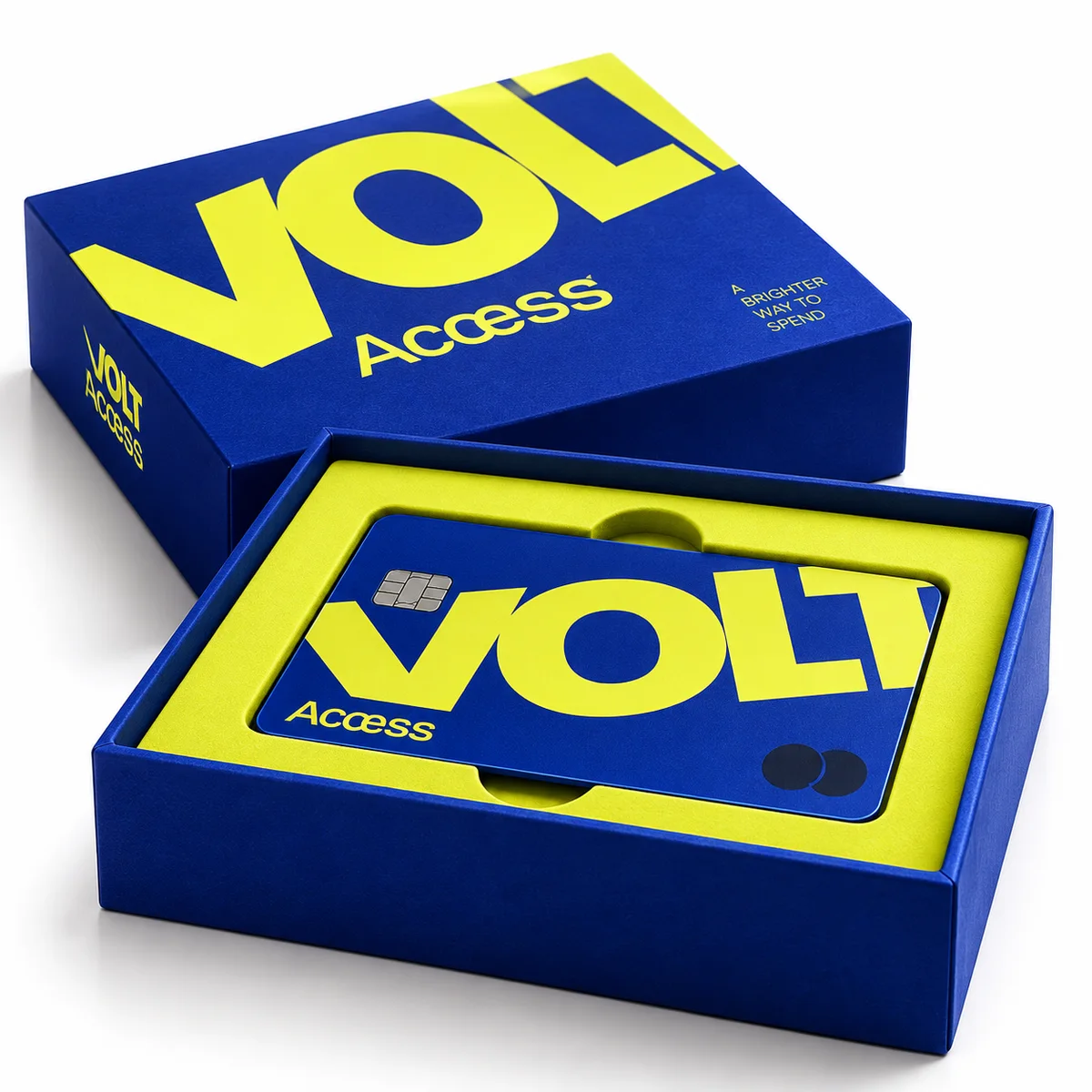 Cobalt-blue VOLT Access rigid presentation box with acid-yellow lettering, fitted insert and branded card, shown open at a low angle.