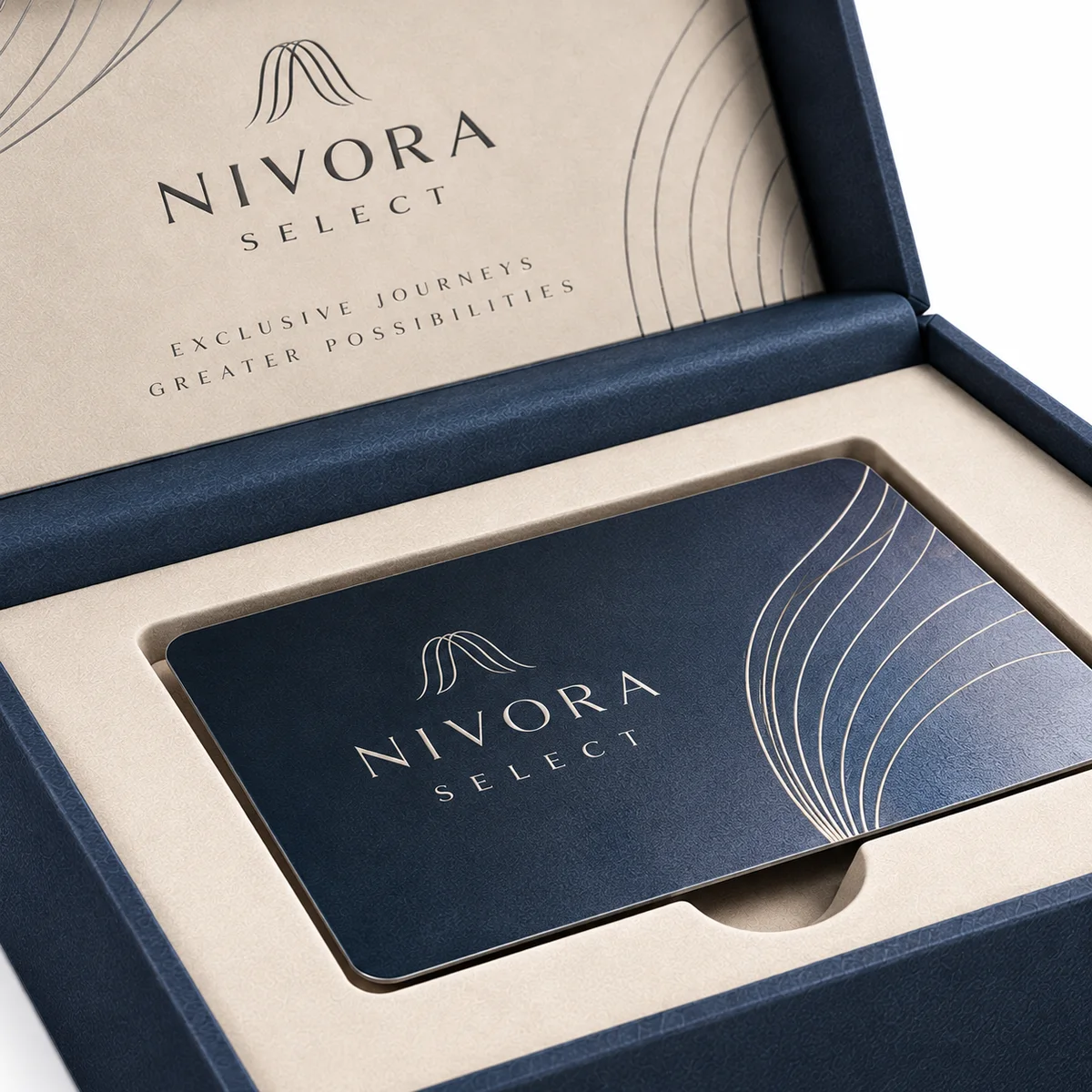 Close-up of a navy NIVORA SELECT card in a cream recessed insert, showing silver curved artwork, wrapped rigid edges and a finger notch.