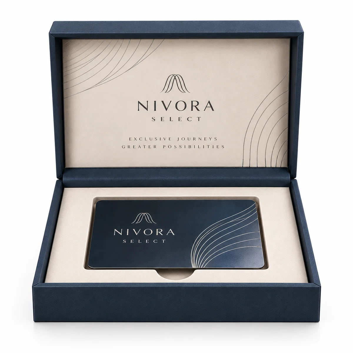 Straight-on front view of an open navy credit card presentation box with NIVORA SELECT branding and a fitted cream card cradle.