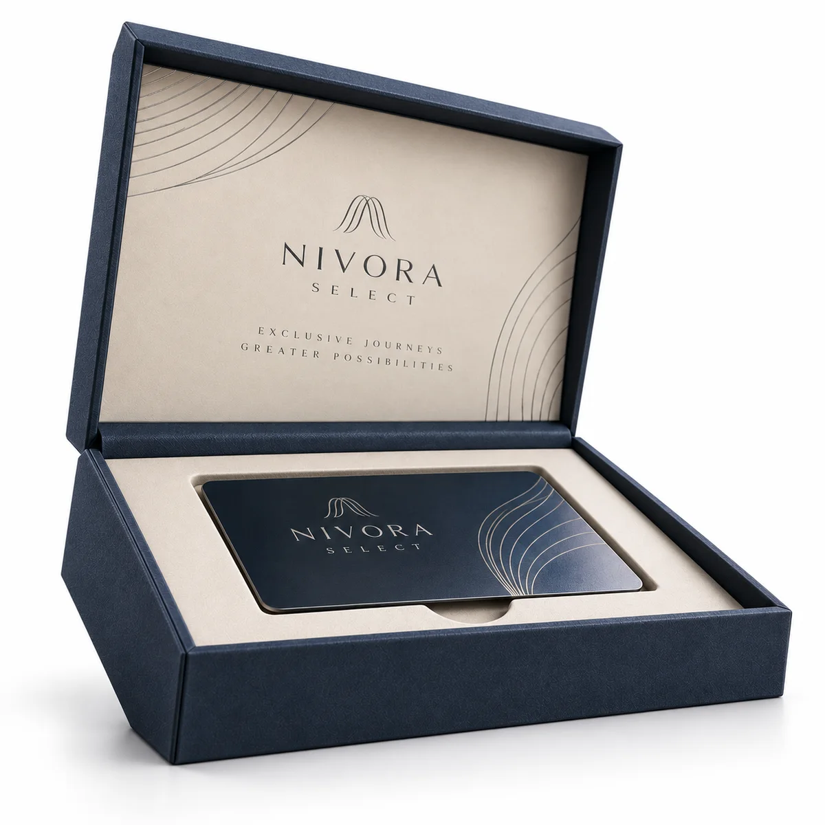 Low-angle view of a navy NIVORA SELECT rigid credit card presentation box with upright branded lid and cream card insert.