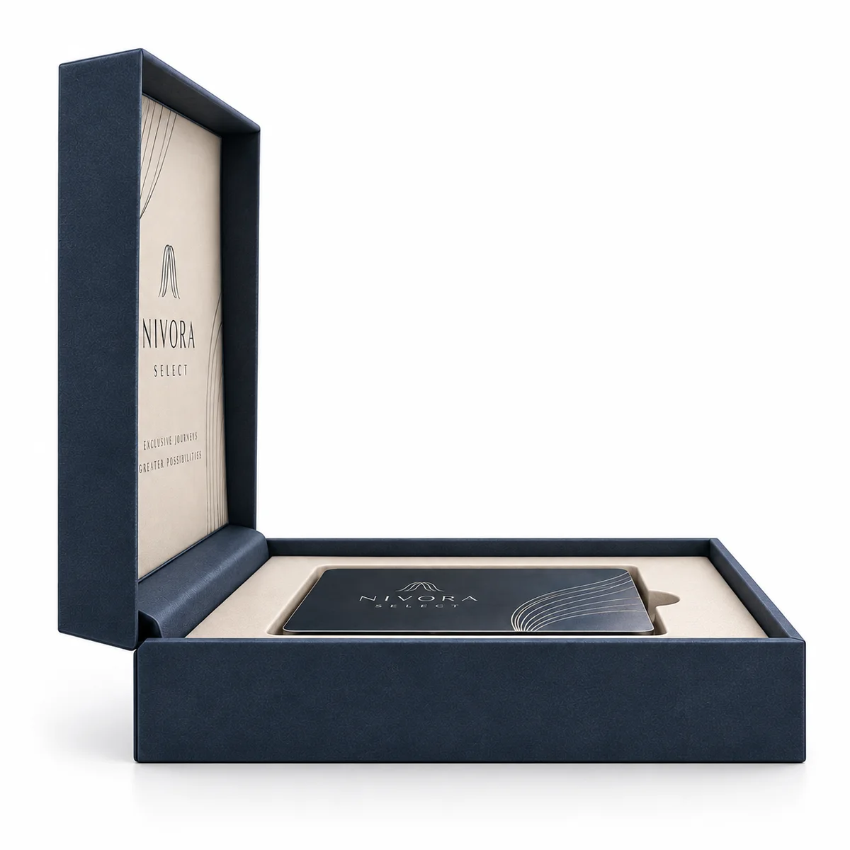Side-profile view of an open navy rigid credit card presentation box showing its upright hinged lid, thick walls and recessed card tray.