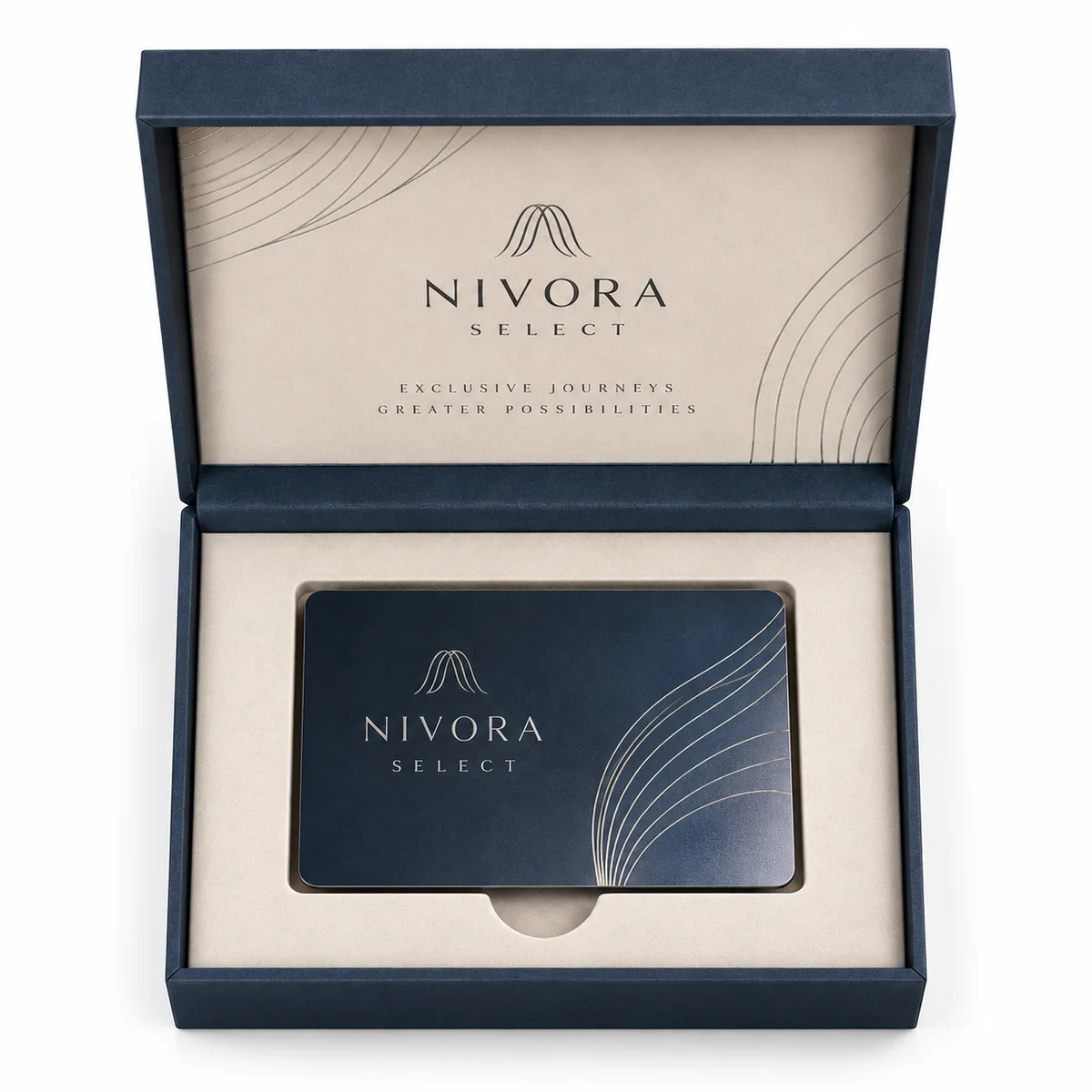 Overhead view of a navy rigid credit card presentation box with branded interior, matching card, cream insert and finger notch.