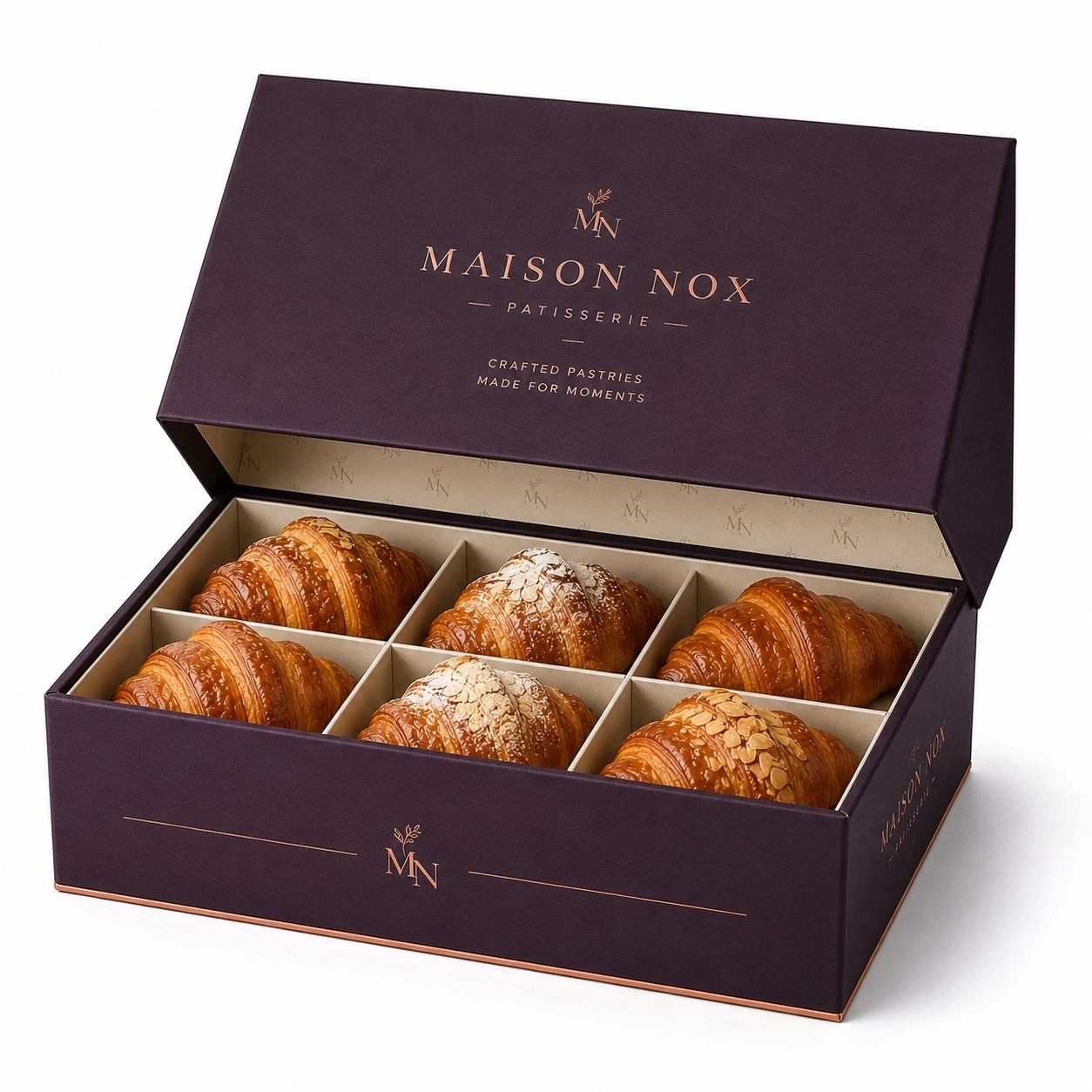 custom croissant boxes aubergine luxury gift box