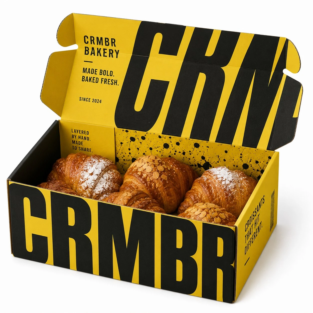 custom croissant boxes yellow brutalist mailer