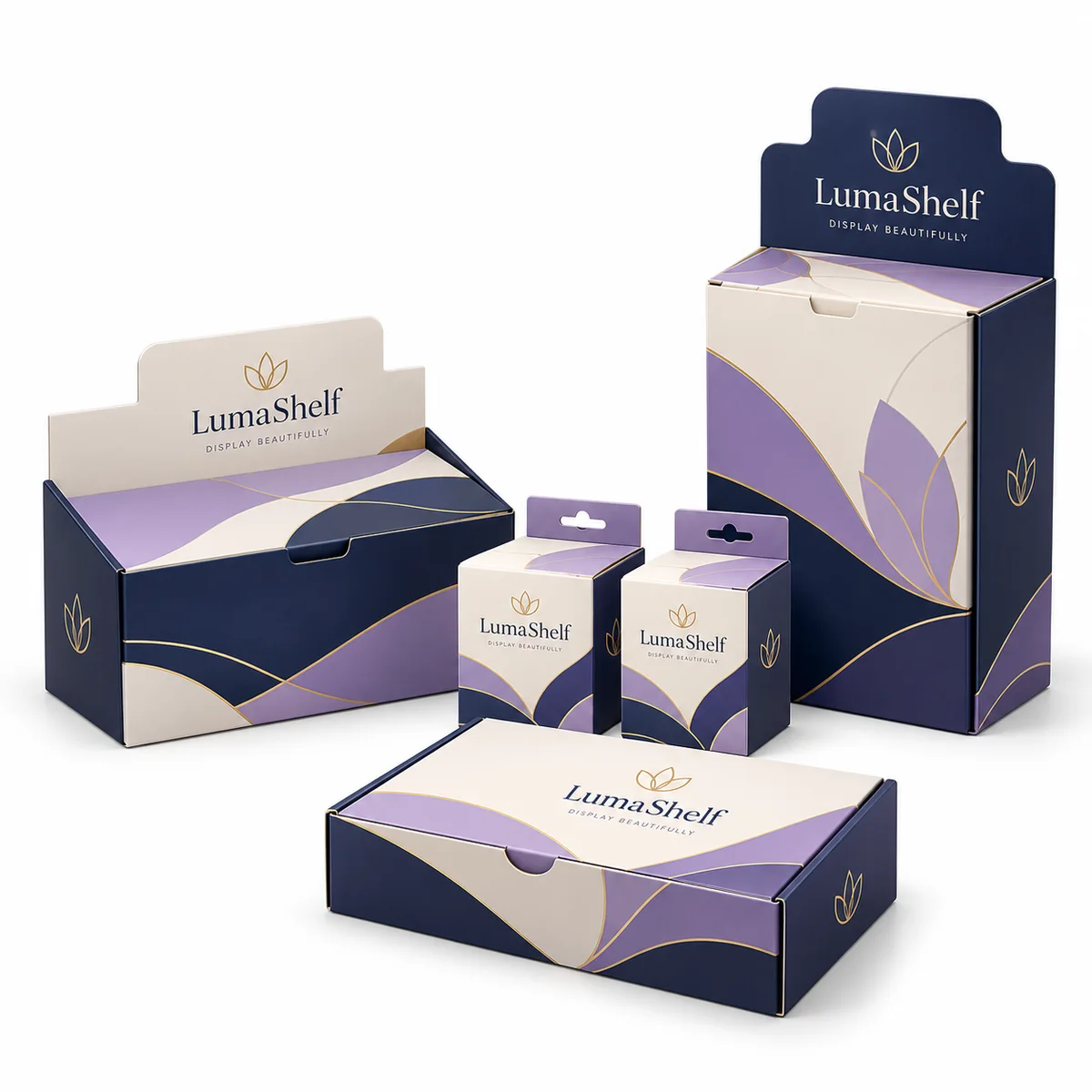 Five coordinated custom retail display packaging boxes in navy, cream, and lavender, arranged on white.
