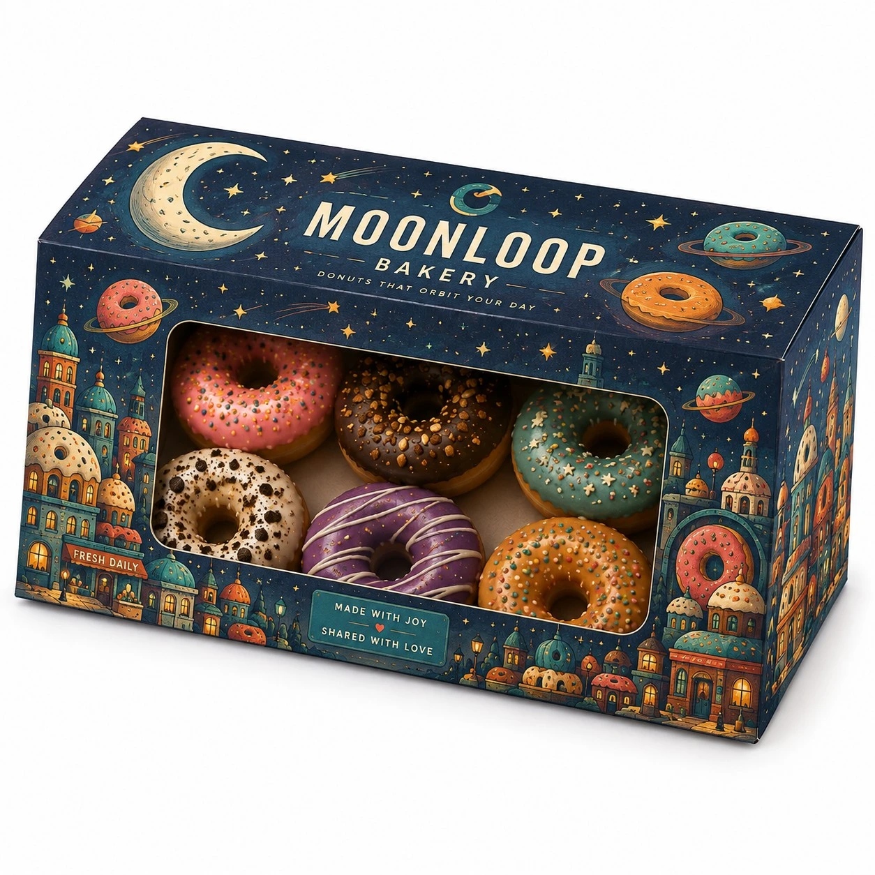 custom donut boxes illustrated moonloop window box