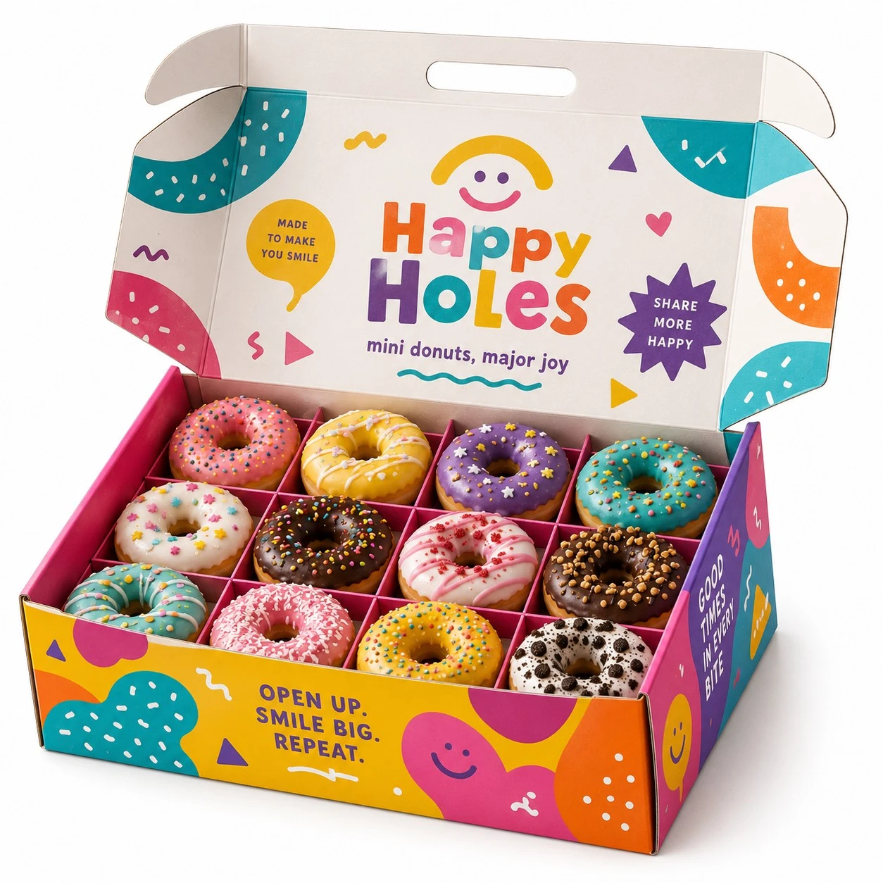 custom donut boxes playful open gable display