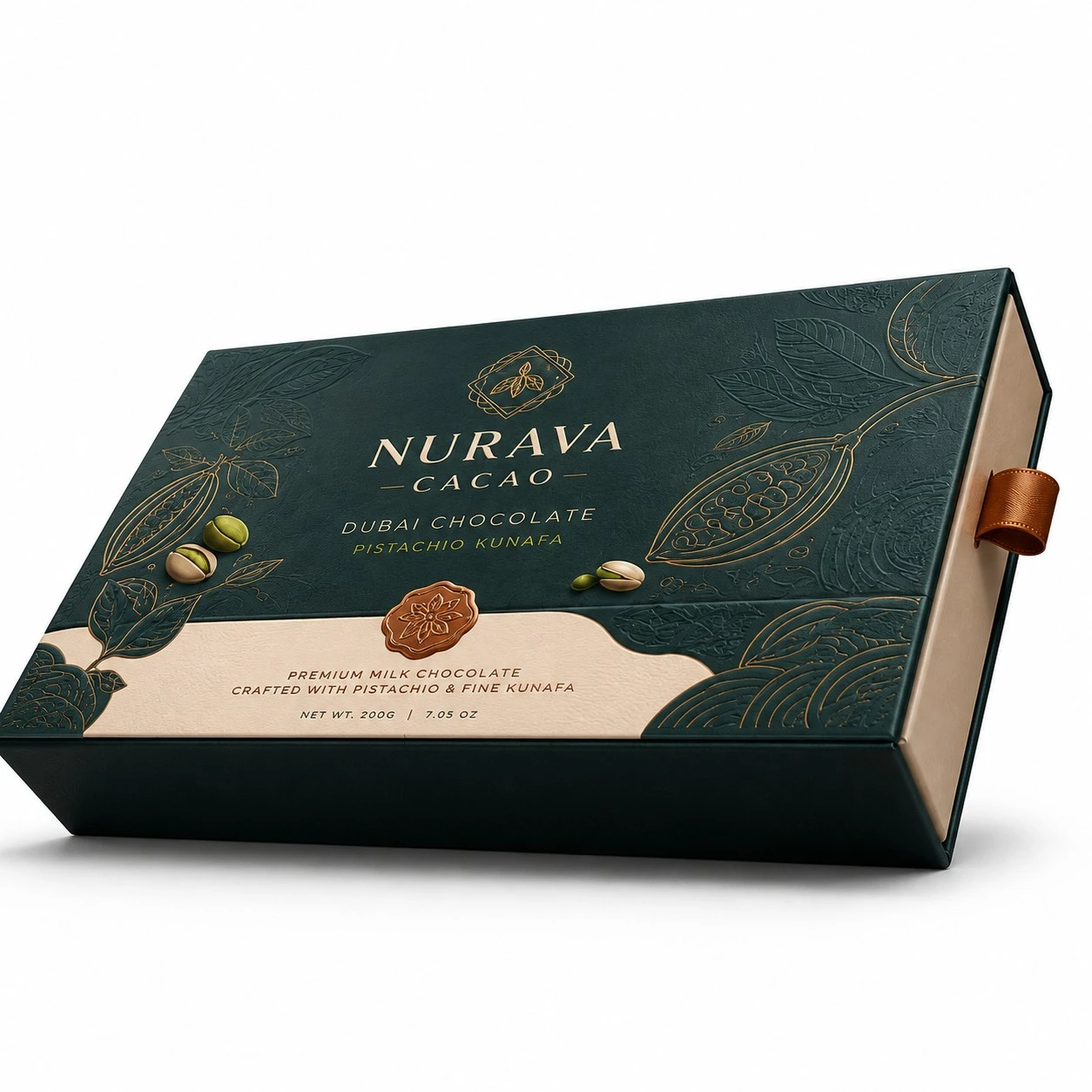 custom dubai chocolate box low angle teal packaging
