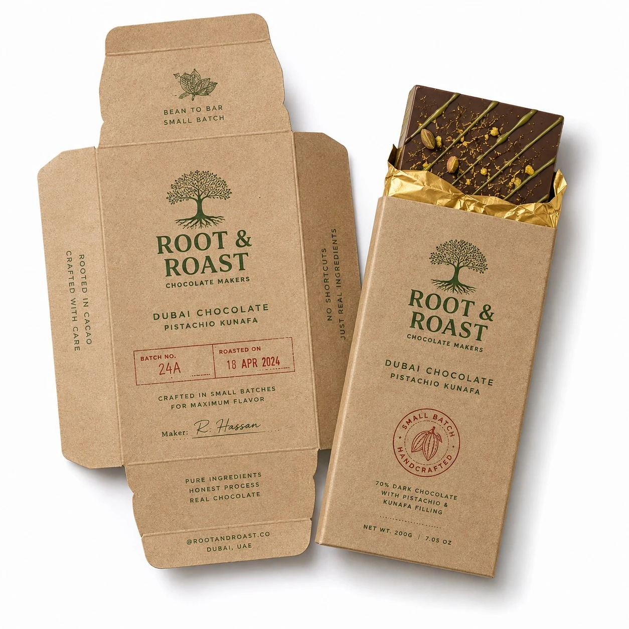 custom dubai chocolate boxes kraft flat lay