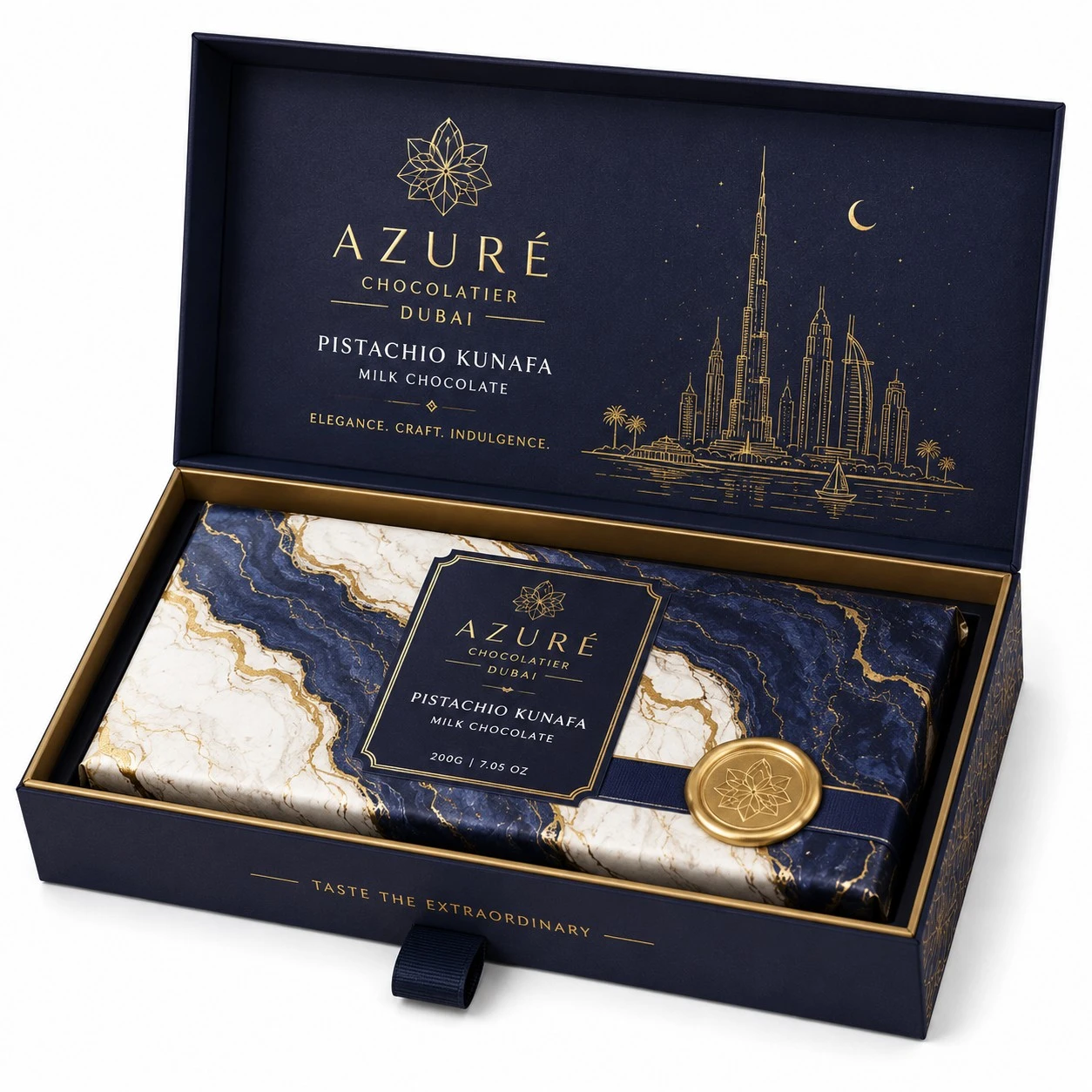 custom dubai chocolate boxes navy gold presentation