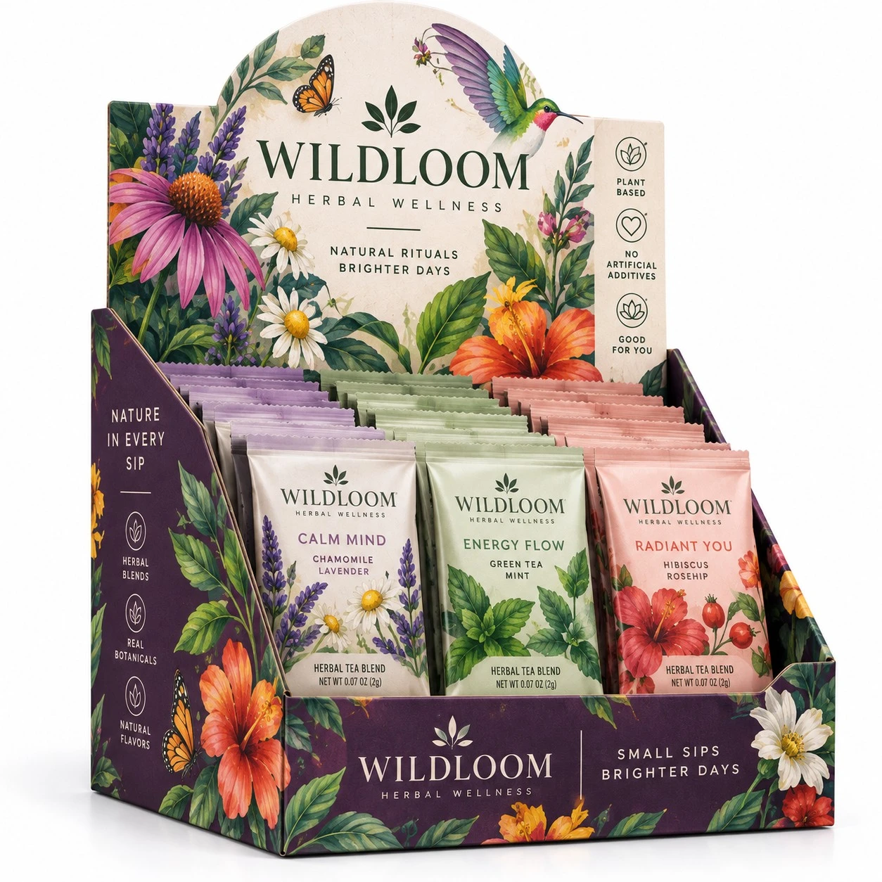 custom flat tuck display boxes botanical herbal tea