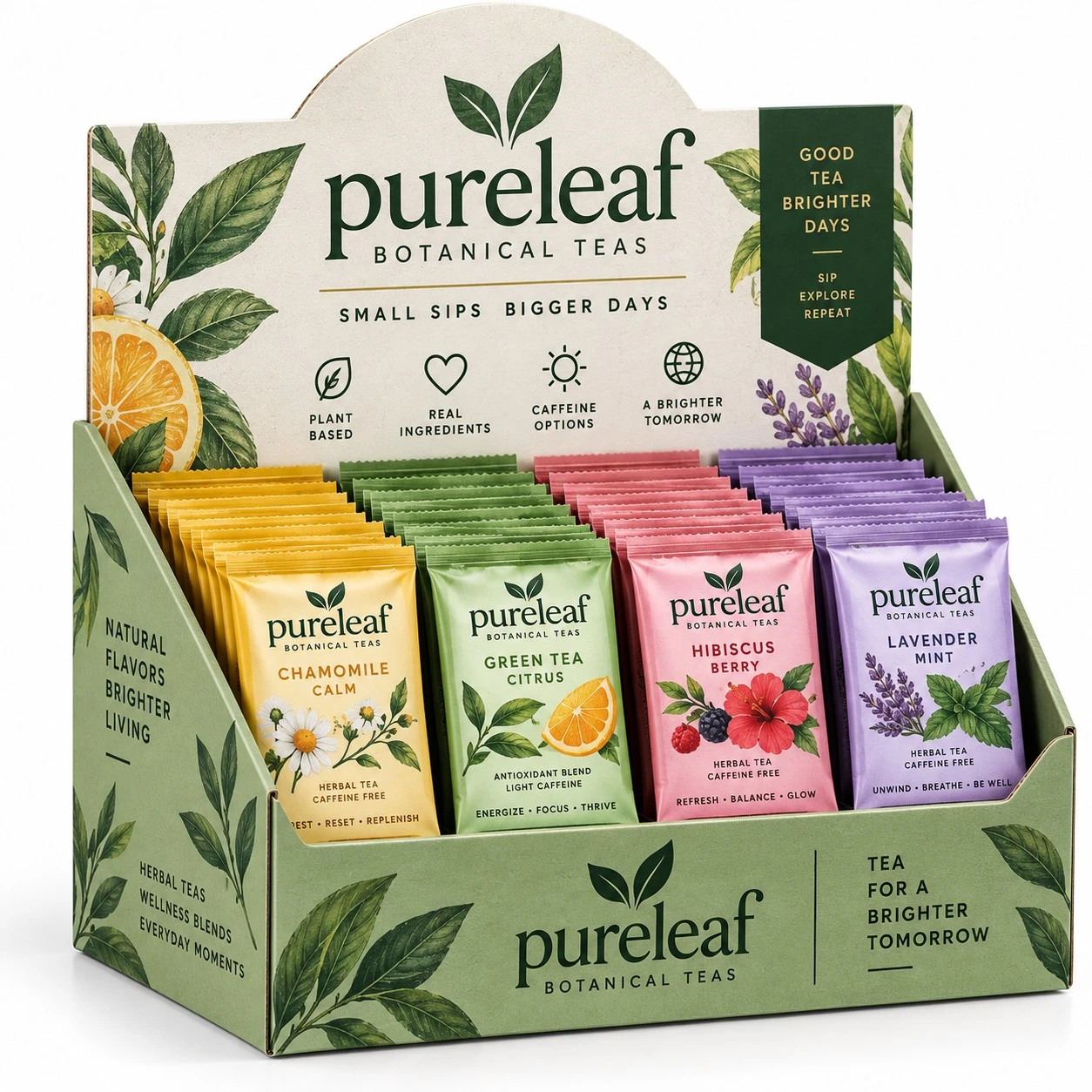 custom flat tuck display boxes botanical tea sachets