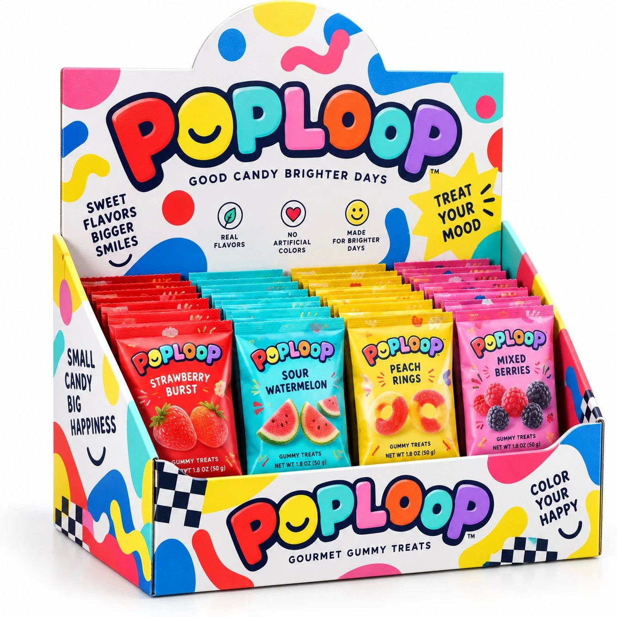 custom flat tuck display boxes colorful gummy candy