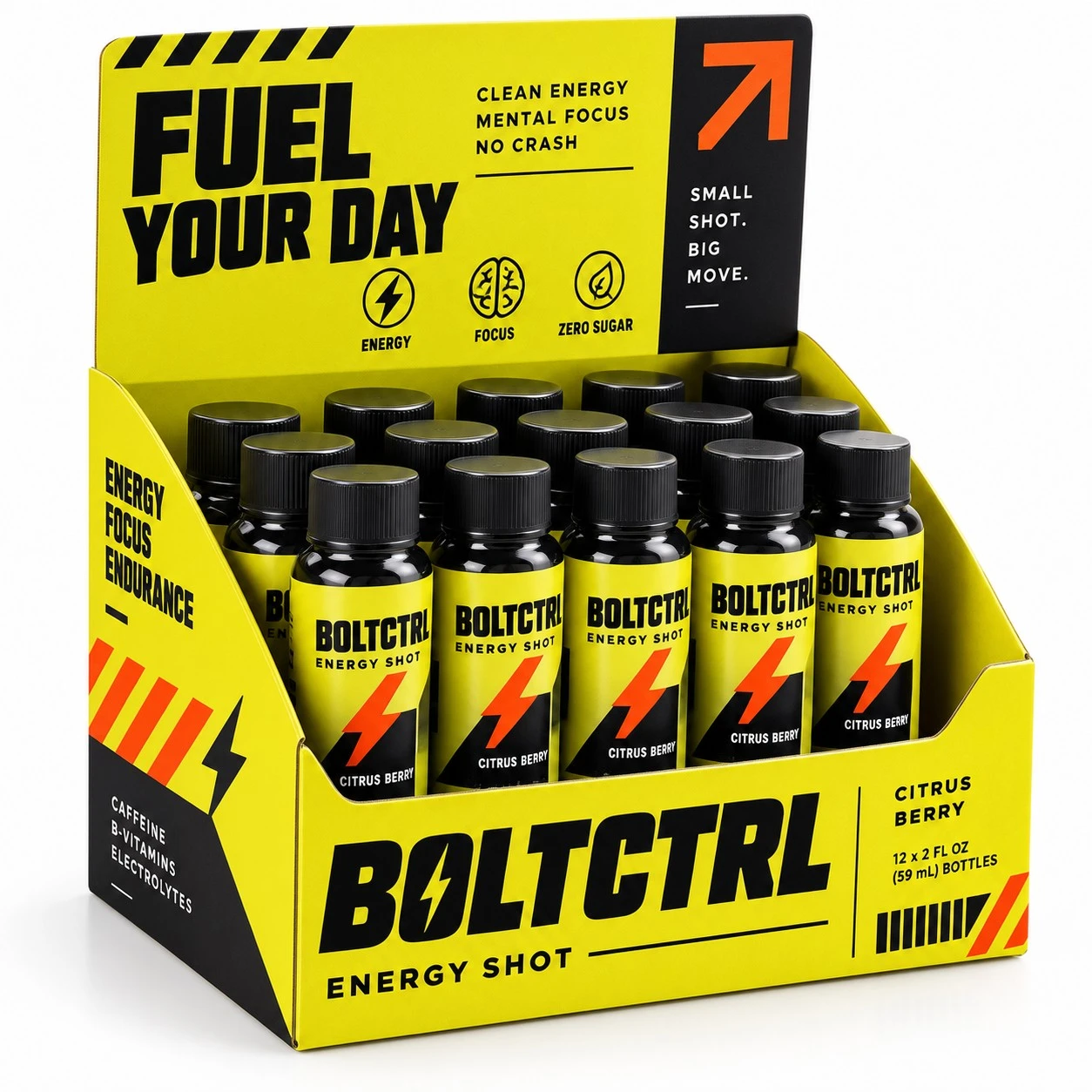 custom flat tuck display boxes energy shot brutalist