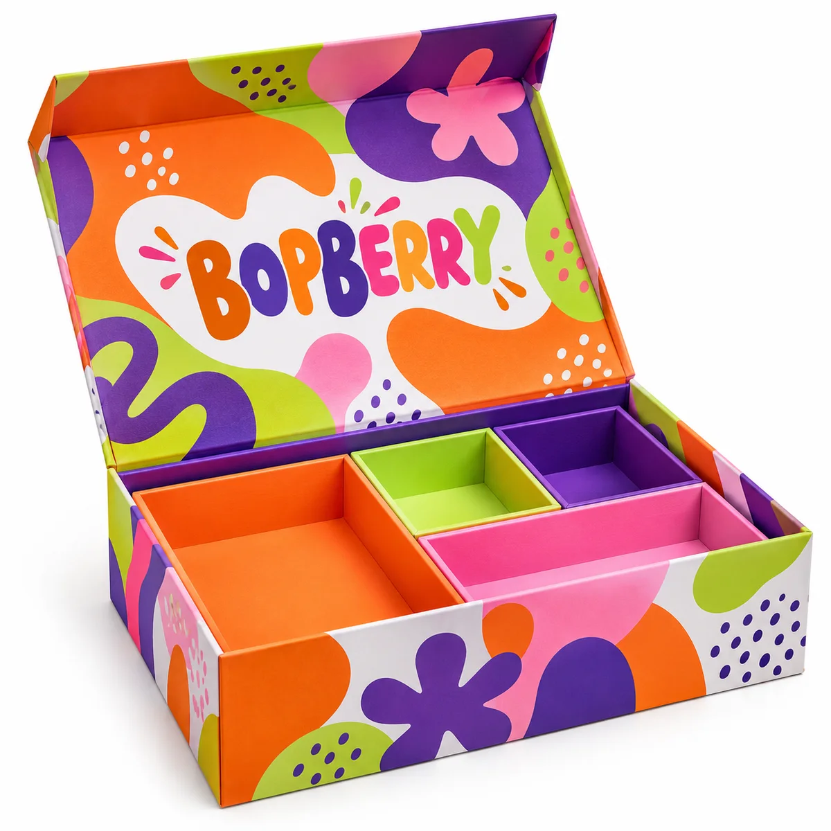 Open BOPBERRY flip top box with orange, purple, pink and lime abstract artwork and a brightly colored four-part insert.