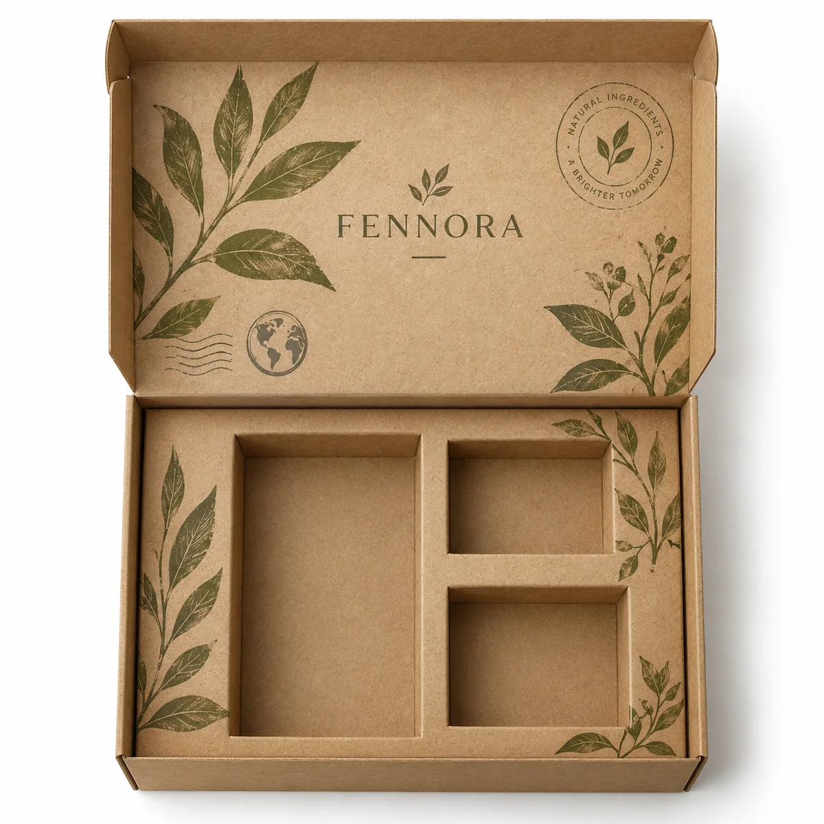 Overhead view of an open FENNORA flip top box in natural kraft brown, with olive leaf printing and three recessed insert compartments.