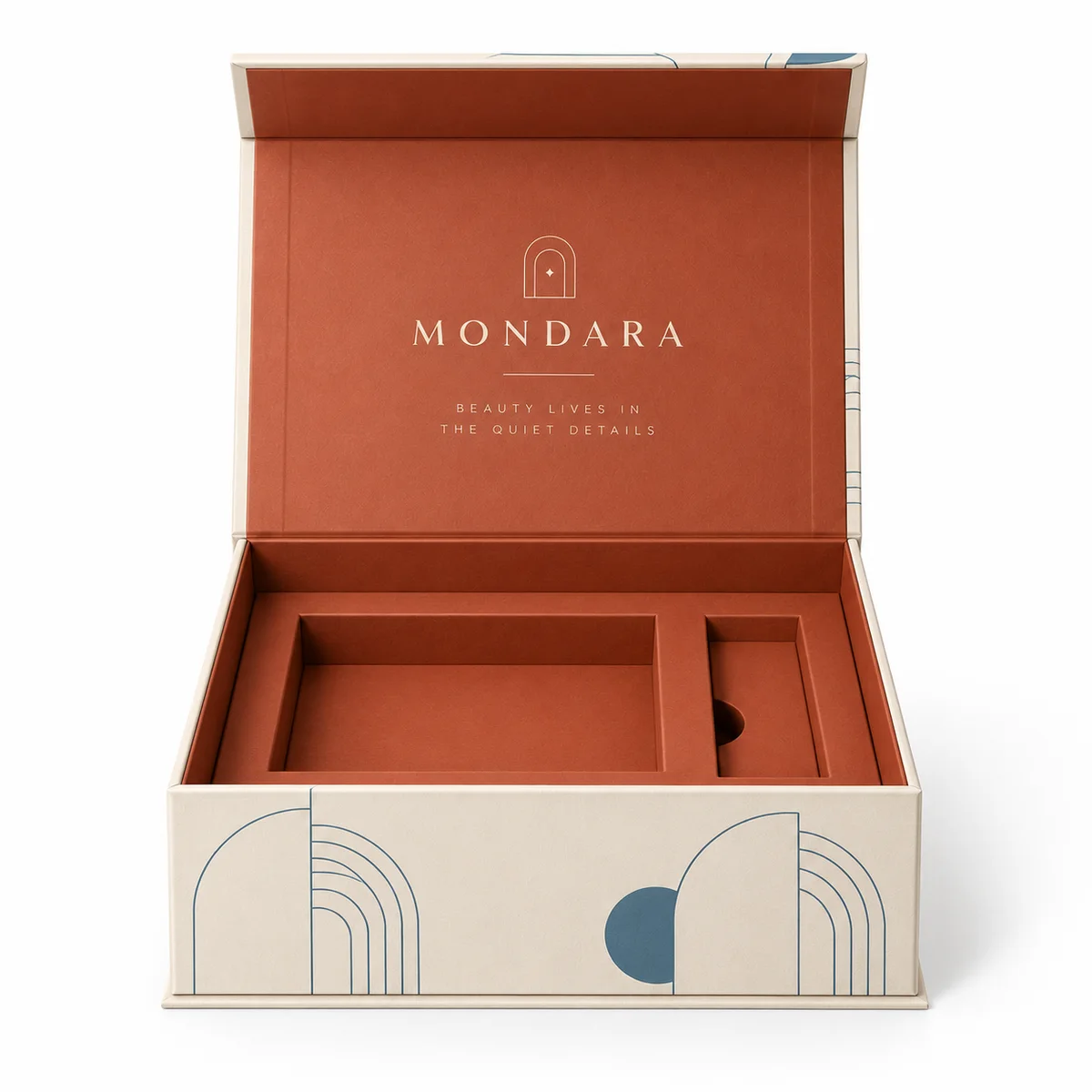 Straight-on front view of an open custom flip top rigid box showing two recessed insert sections and MONDARA lettering inside the lid.