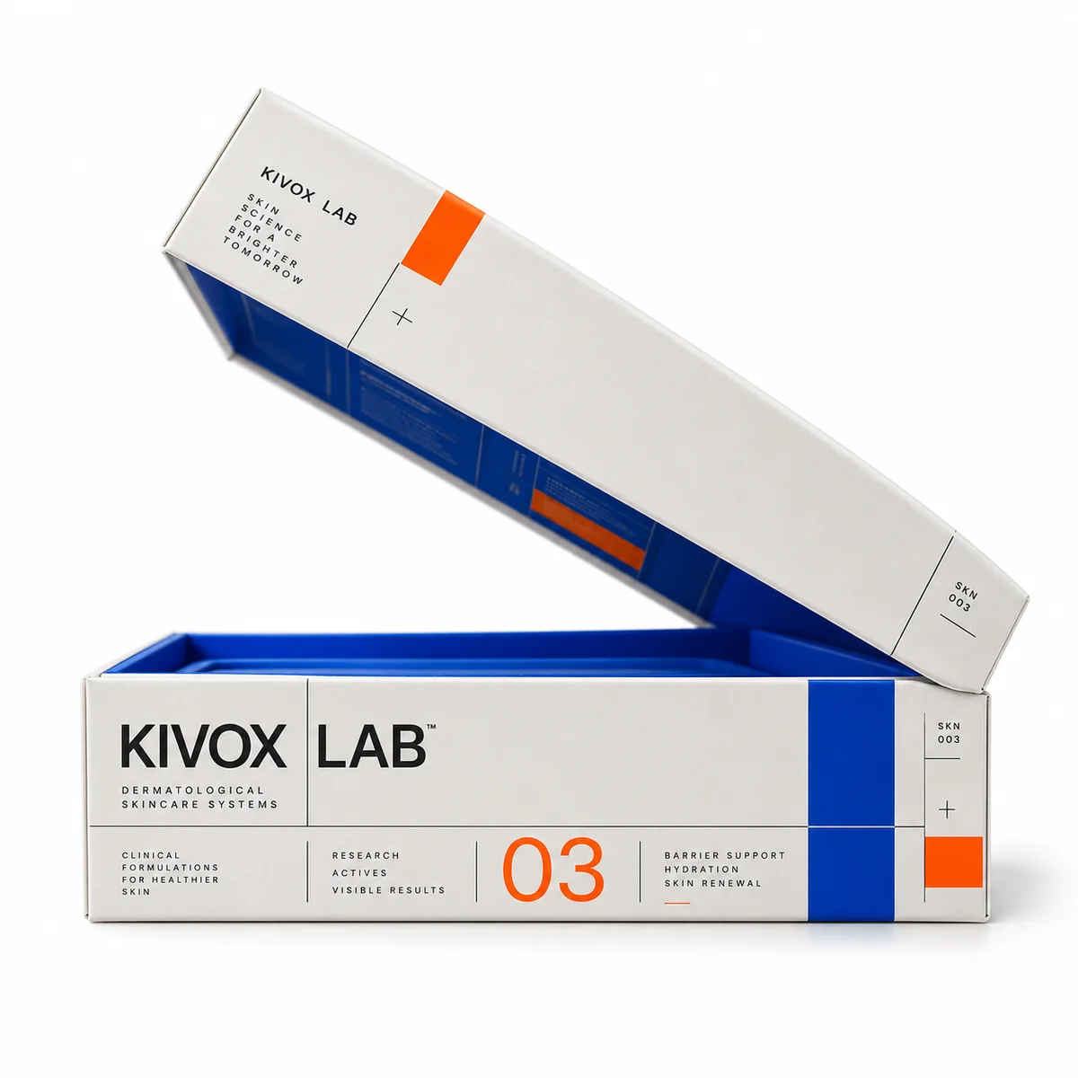 Side-profile view of a partially open KIVOX LAB flip top box with white grid-style printing, blue interior and bright orange accents.