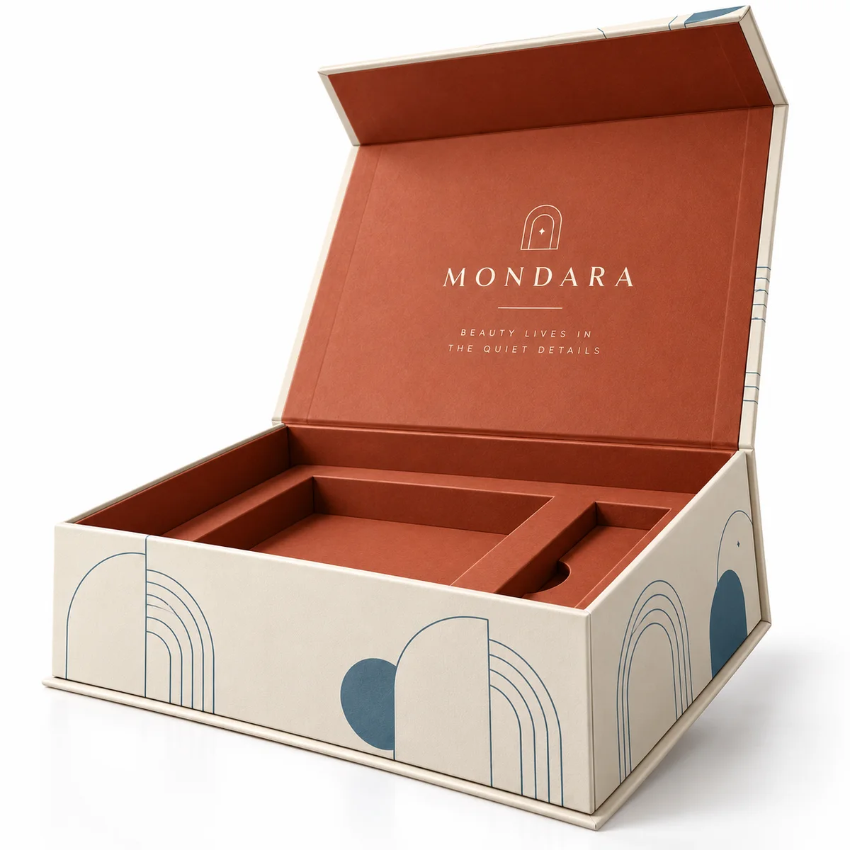 Low three-quarter view of an open custom flip top box with a deep terracotta tray, patterned ivory walls and branded inner lid.