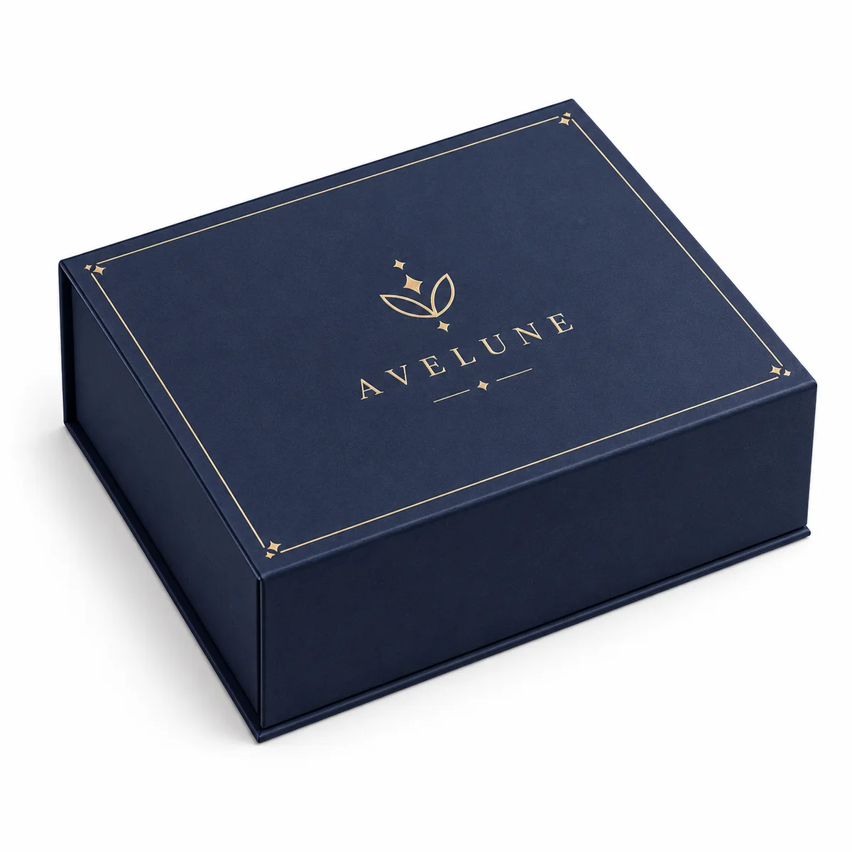 Closed navy AVELUNE flip top rigid box viewed from above at an angle, with thin gold border detailing and centered serif branding.