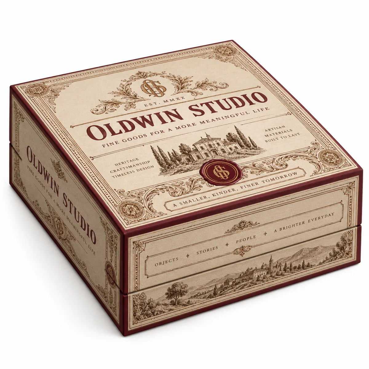 Closed OLDWIN STUDIO flip top rigid box with sepia architectural engravings, burgundy borders and ornate vintage typography.