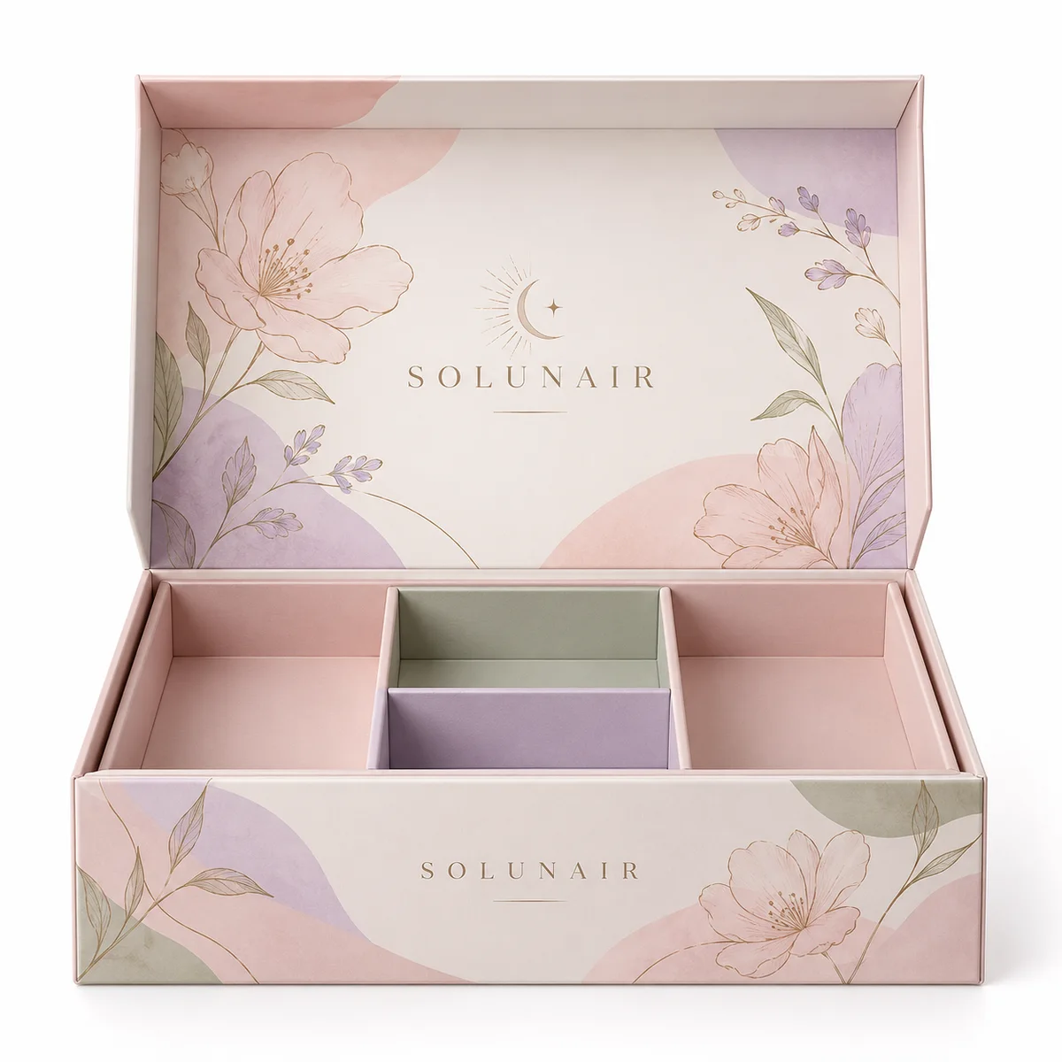 Front view of an open SOLUNAIR flip top box with soft pink floral artwork, a decorated inner lid and pastel divided compartments.