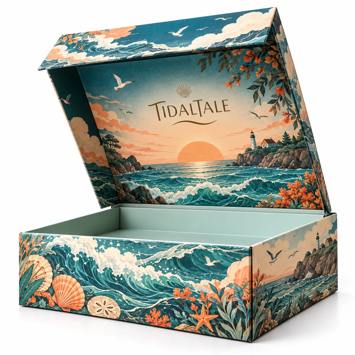 Open TIDALTALE flip top rigid box with illustrated ocean waves, sunset and coastal scenery across the lid and exterior panels.
