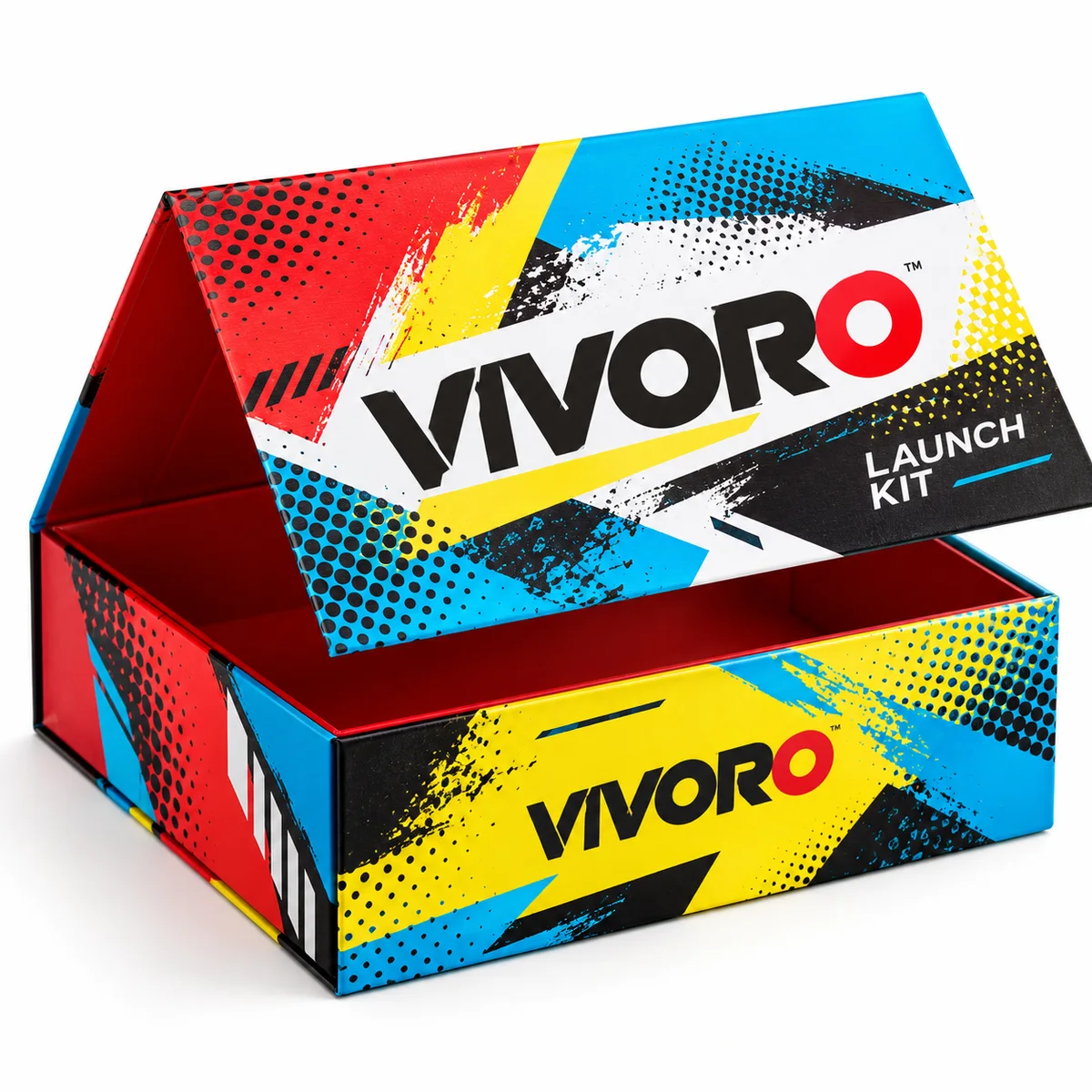 Partially open VIVORO flip top box with bold red, cyan, yellow and black halftone graphics across the lid and sides.