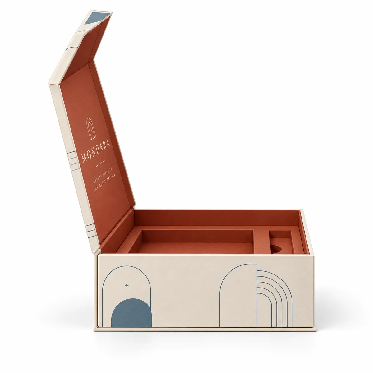 Side-profile view of an open custom flip top rigid box showing its hinged cover, terracotta interior and slate-blue arch artwork.