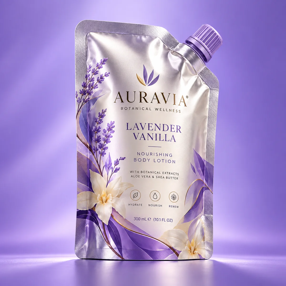 Low-angle product view of silver foil spout pouch with lavender screw cap and full-color botanical printing