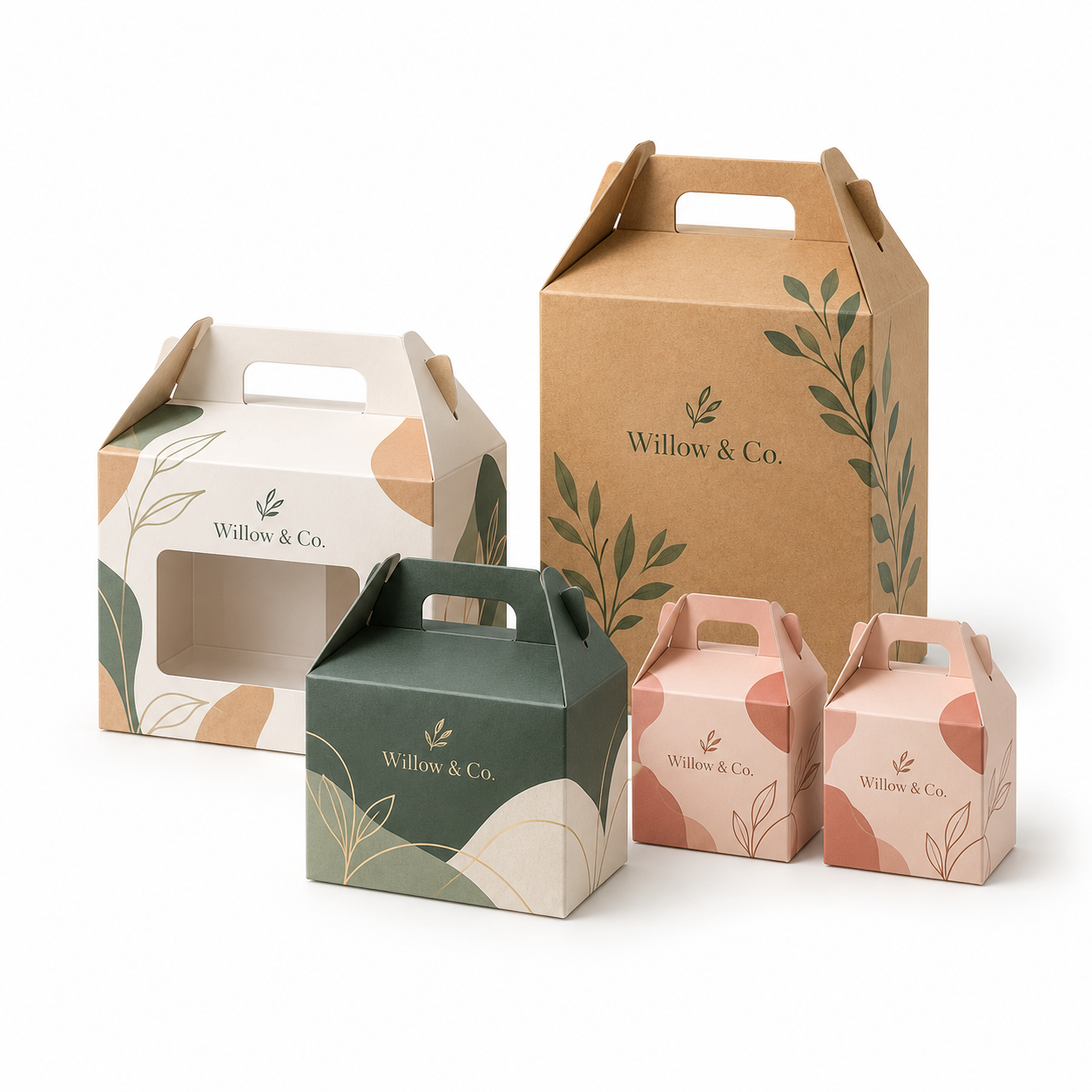 Five custom gable boxes with built-in handles arranged in a clean square product display.