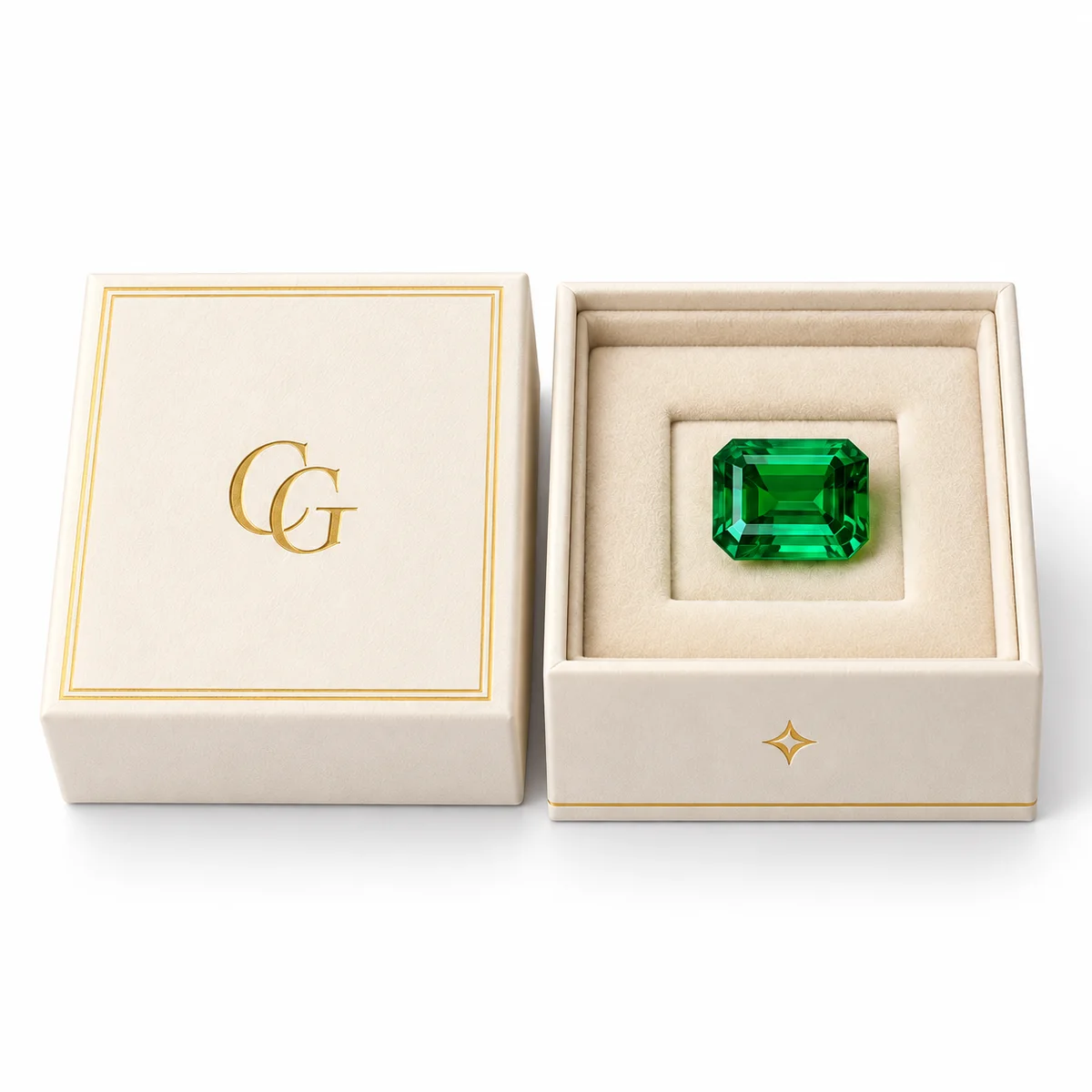 Front-facing ivory gemstone presentation box with a separate gold-bordered lid and green emerald-cut gemstone centered in a cream insert.