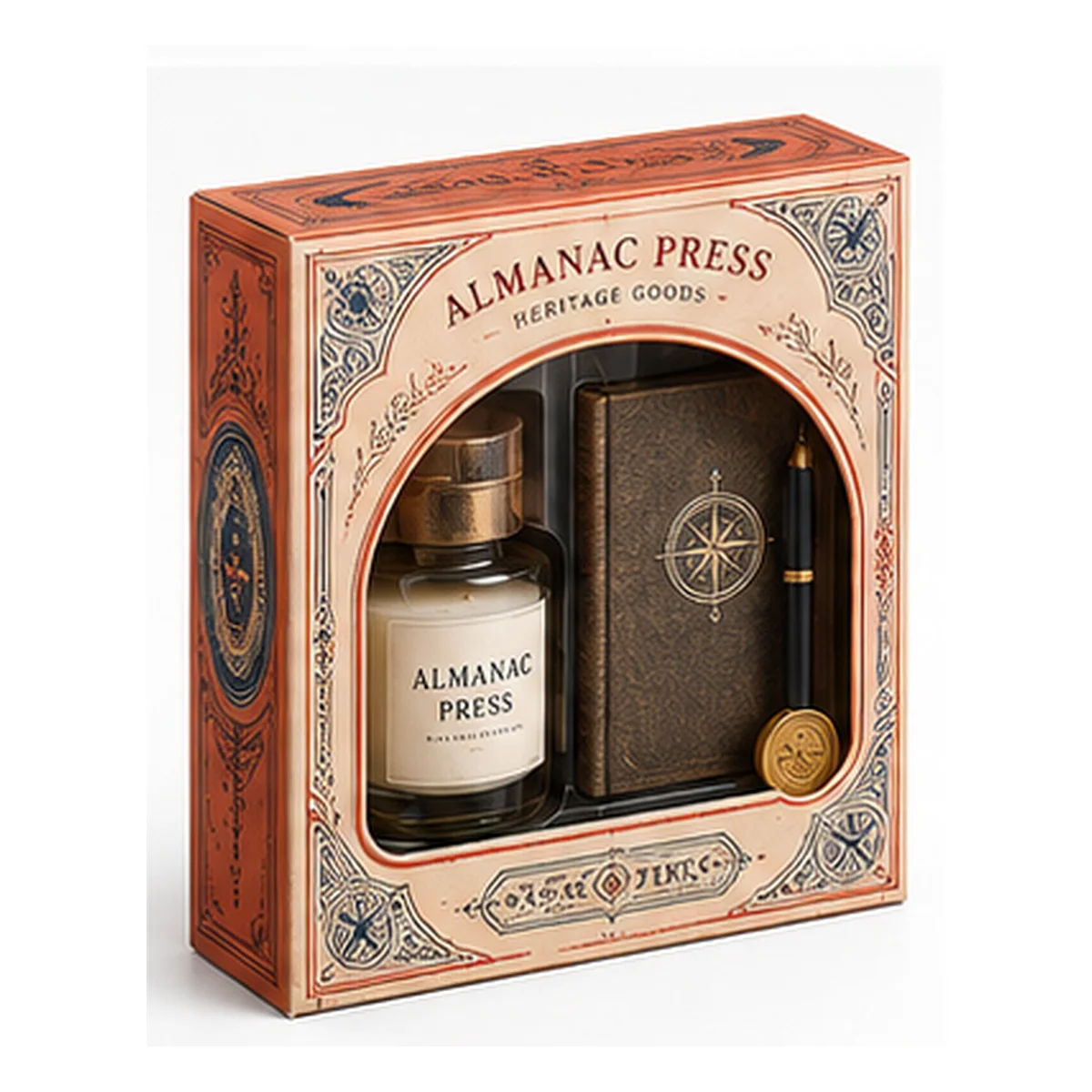 Terracotta Almanac Press gift box with an arched window, ornate vintage print borders, and a candle jar and dark booklet.