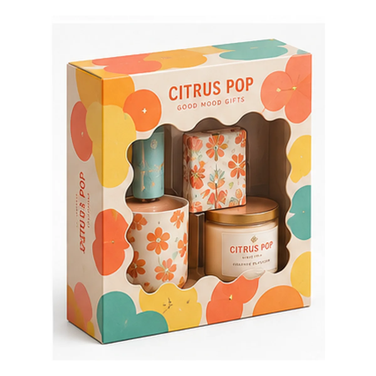 Citrus Pop gift box with a scalloped window, colorful abstract circles, and brightly patterned self-care products.