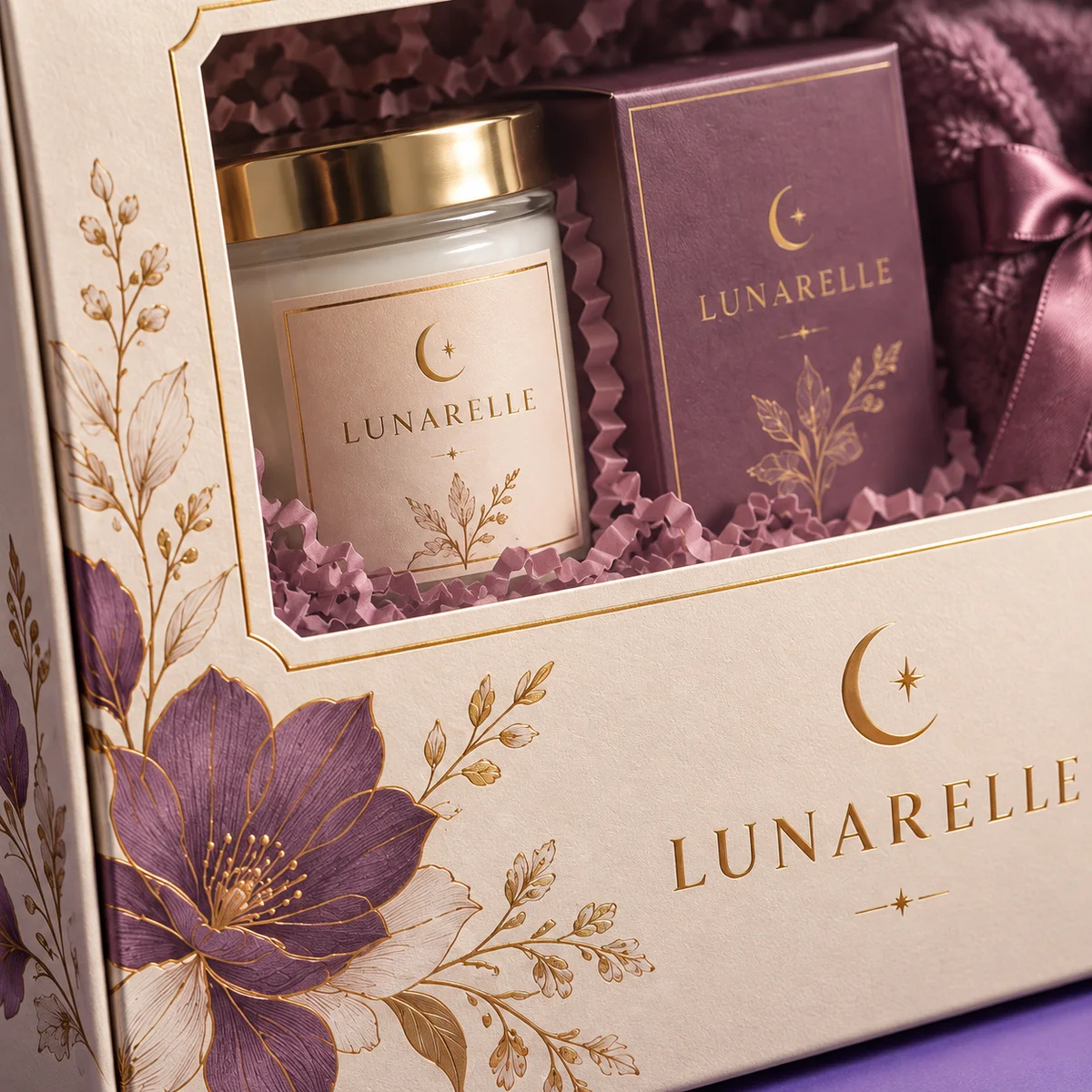 Close-up of the gift box window showing a gold-lidded jar, plum carton, floral printing, and textured cream packaging.