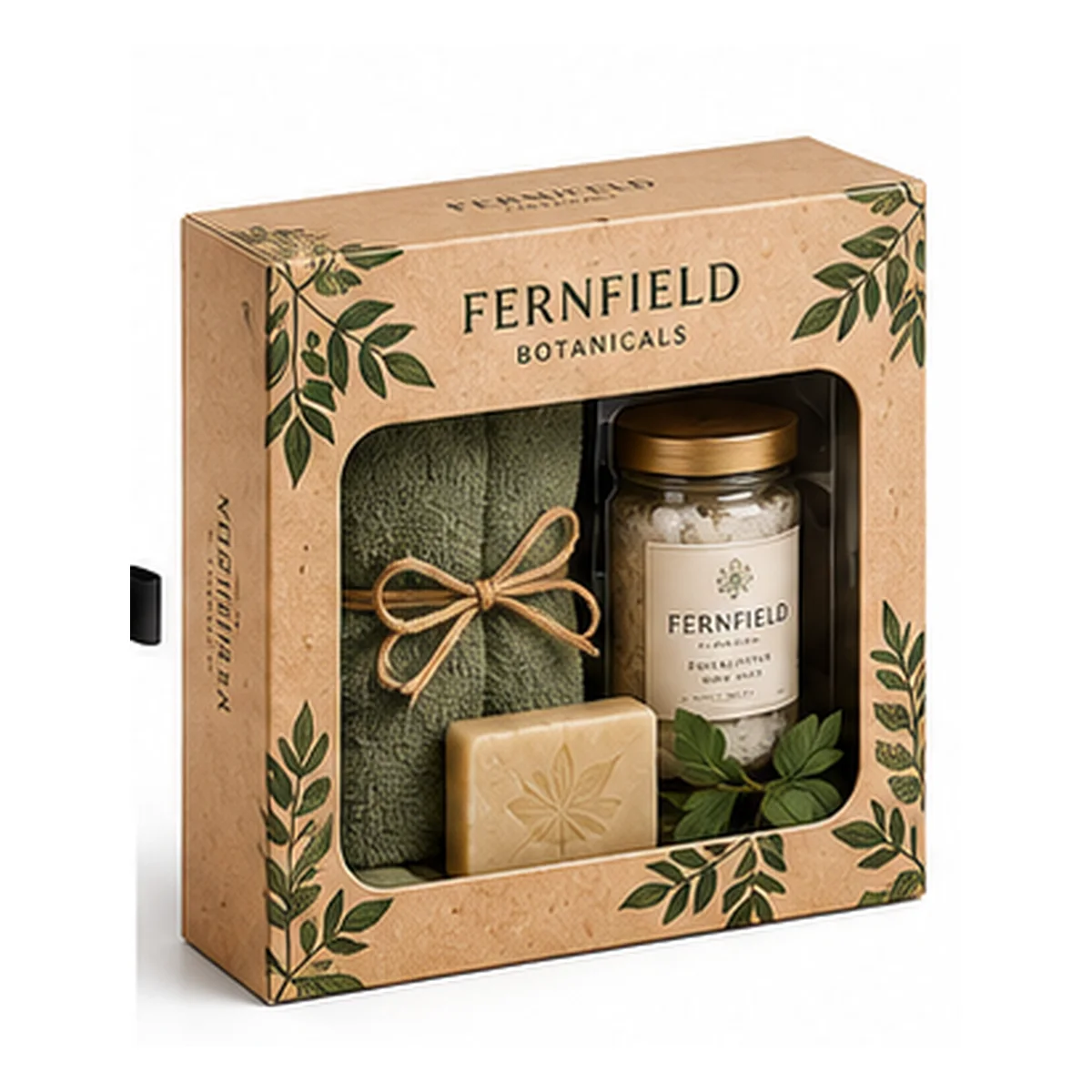 Fernfield kraft gift box with window, green leaf prints, and a rolled towel, soap bar, and jar presented inside.
