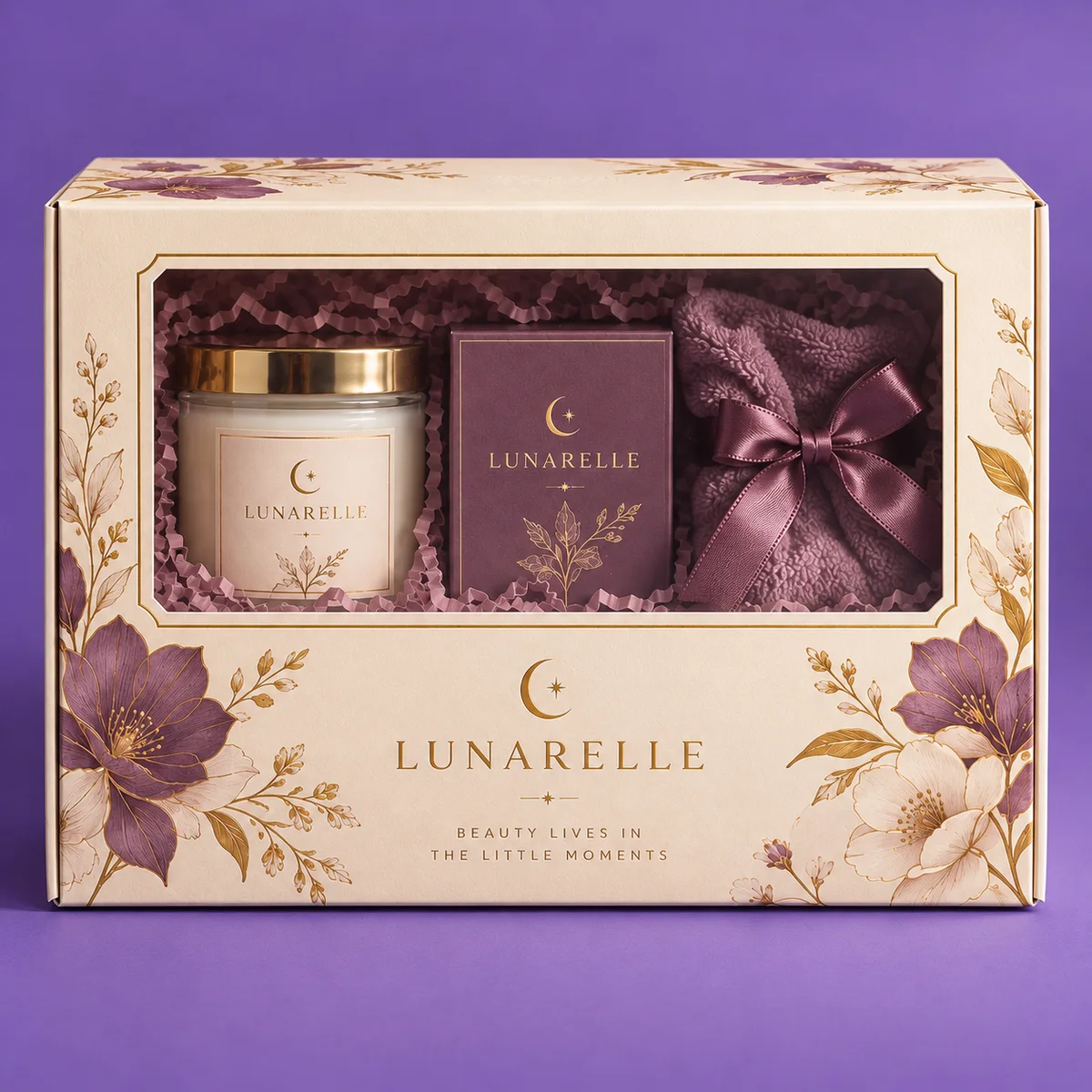 Front view of a cream custom gift box with window, LUNARELLE branding, plum flowers, and gold decorative details.