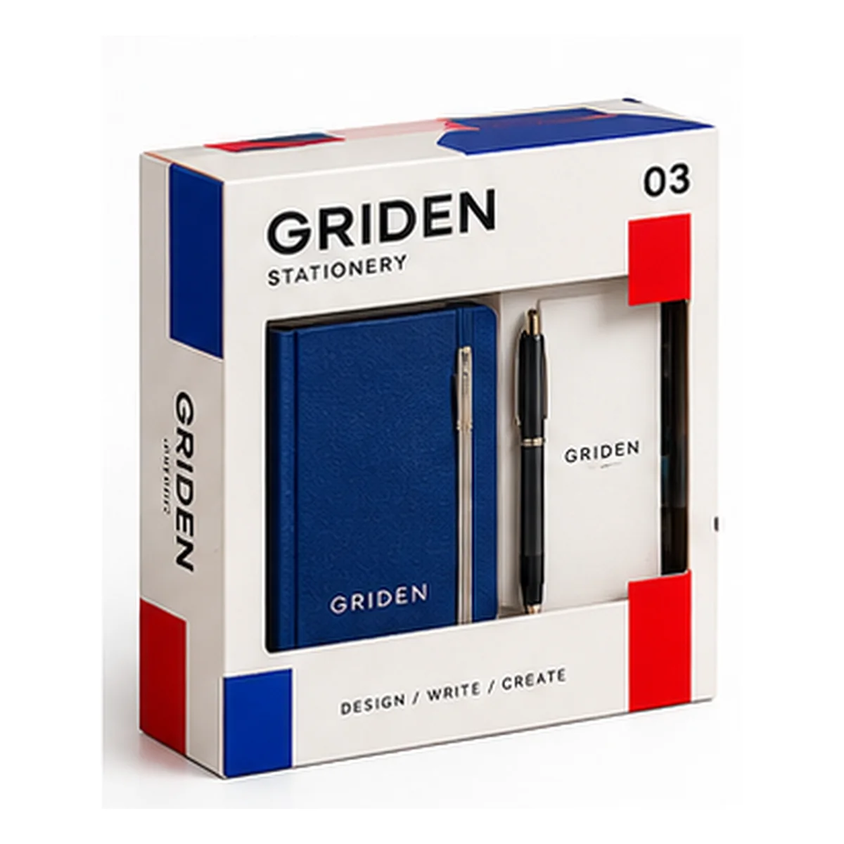 White Griden window gift box with blue and red grid accents, displaying a blue notebook and matching pens.