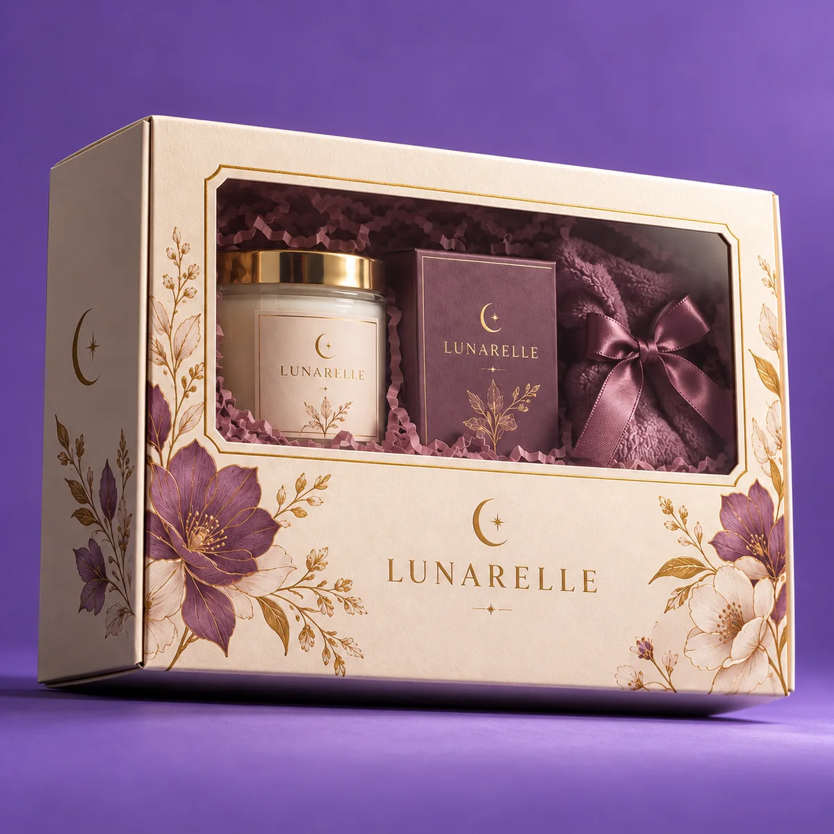 Low-angle view of a floral gift box with clear window, metallic gold accents, and three coordinated gift items inside.