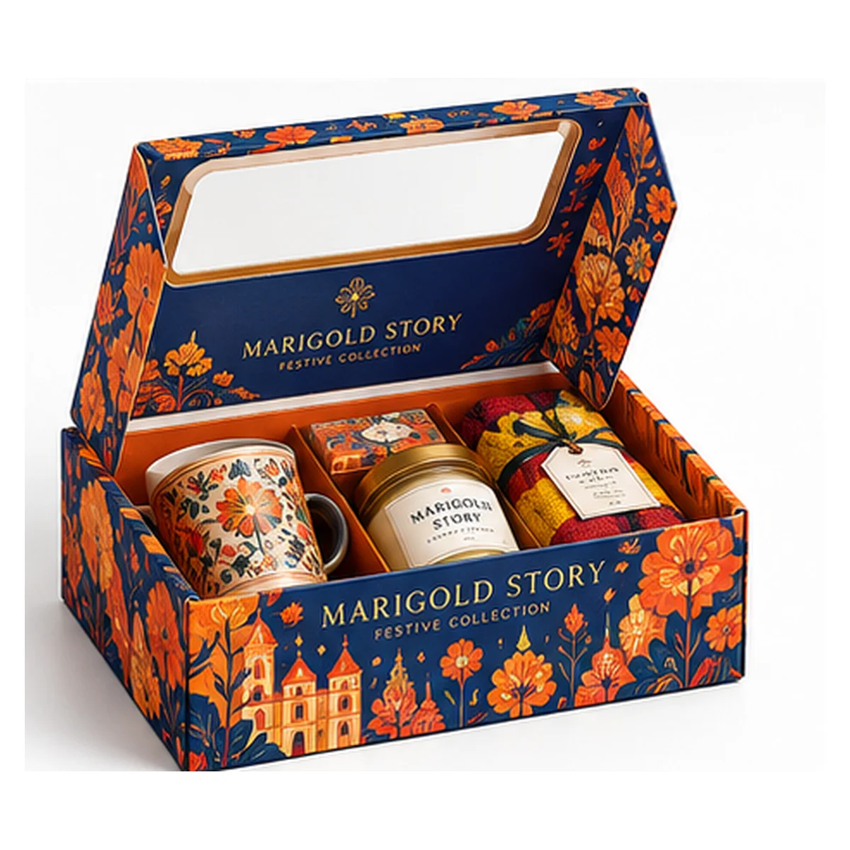Open Marigold Story gift box with a clear lid window, orange floral patterns on deep blue, and assorted gift items.
