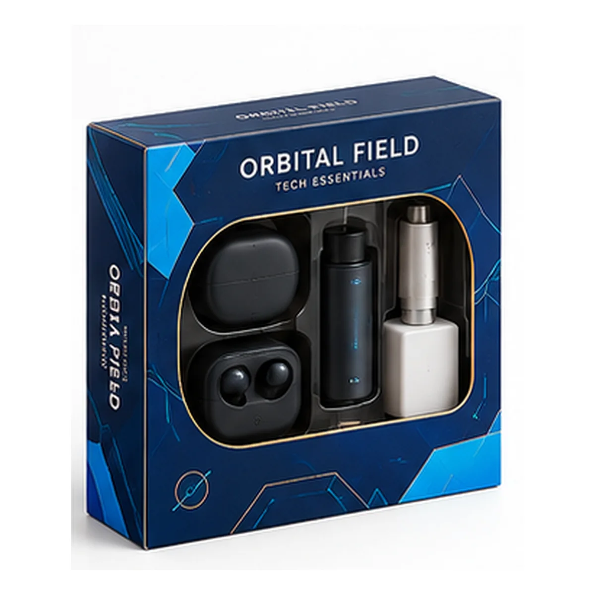 Navy Orbital Field gift box with an oval clear window, cyan geometric graphics, and dark tech accessories inside.