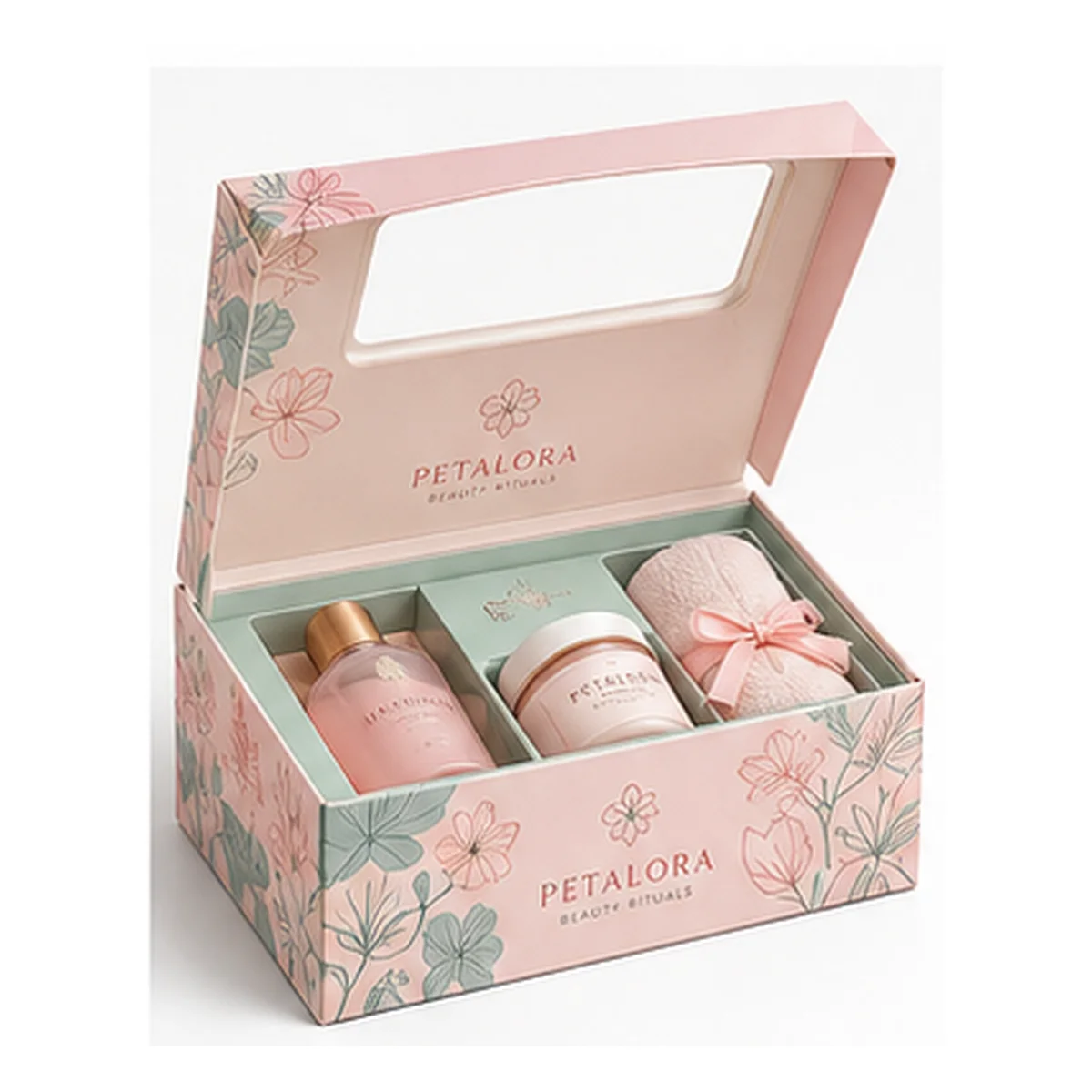 Open pastel pink Petalora gift box with a clear lid window, fine floral line art, and beauty products in a fitted tray.