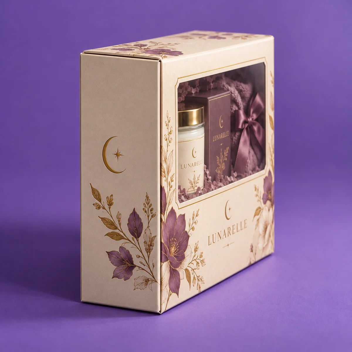 Angled side view of a cream gift box with window, showing the floral side panel, box depth, and gold-trimmed display.