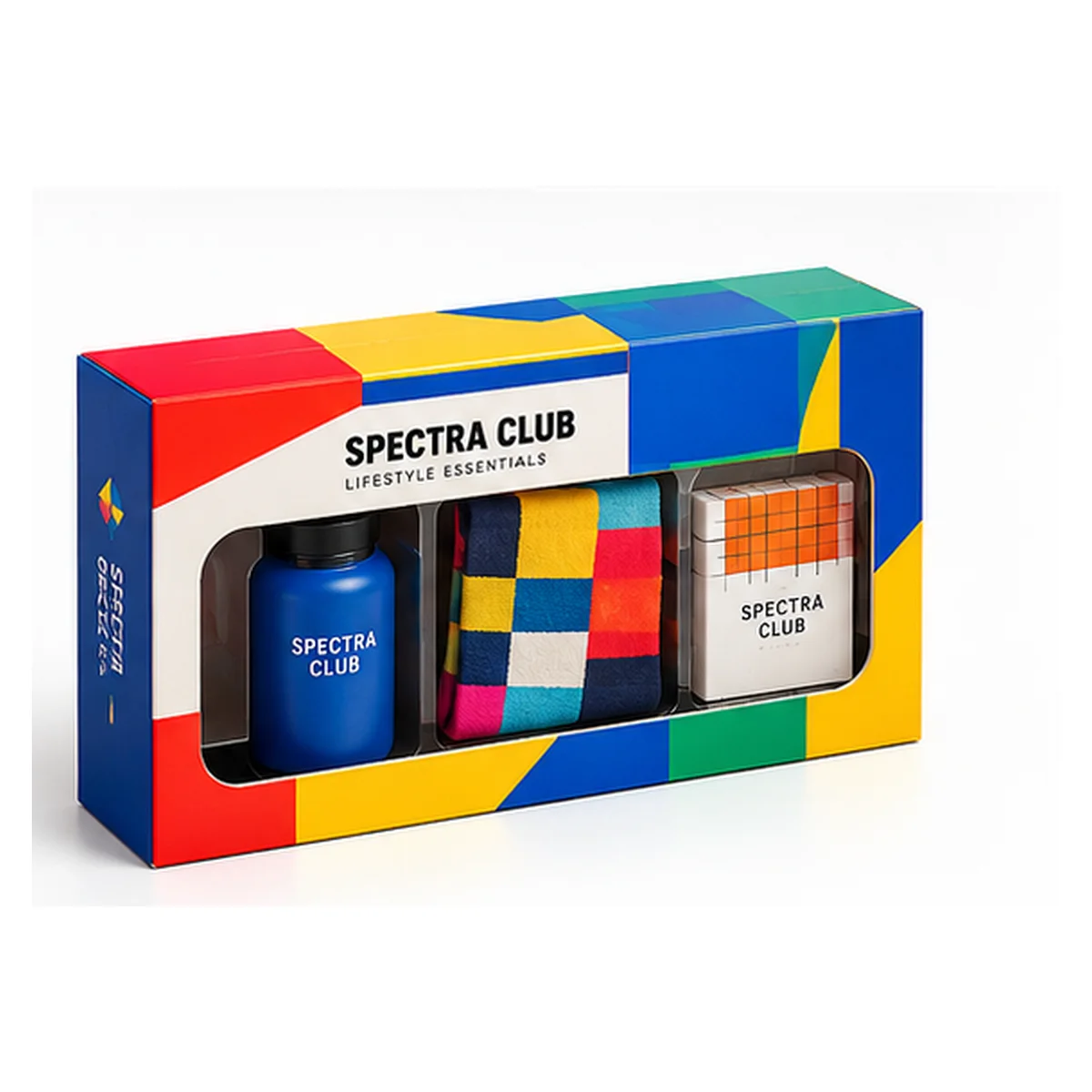 Spectra Club gift box with a long horizontal clear window, bold red, blue, yellow, and green color blocks, and gifts inside.
