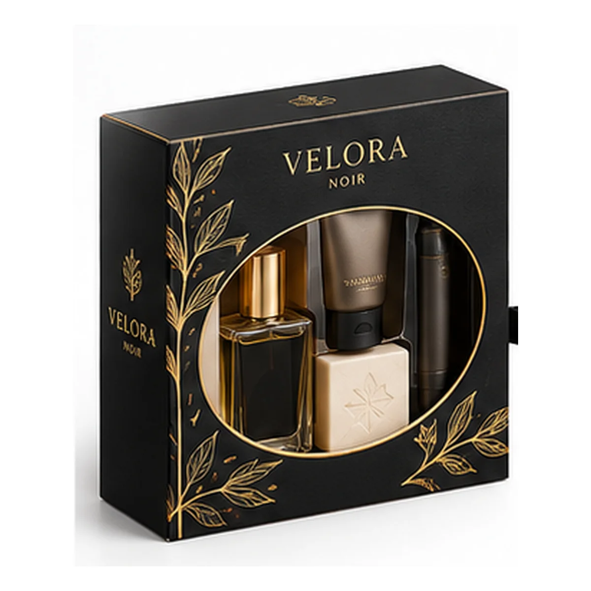 Black Velora Noir gift box with an oval display window, gold botanical artwork, and a neatly arranged skincare gift set.