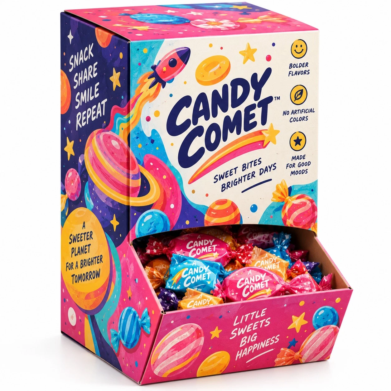 custom gravity dispenser boxes candy comet colorful