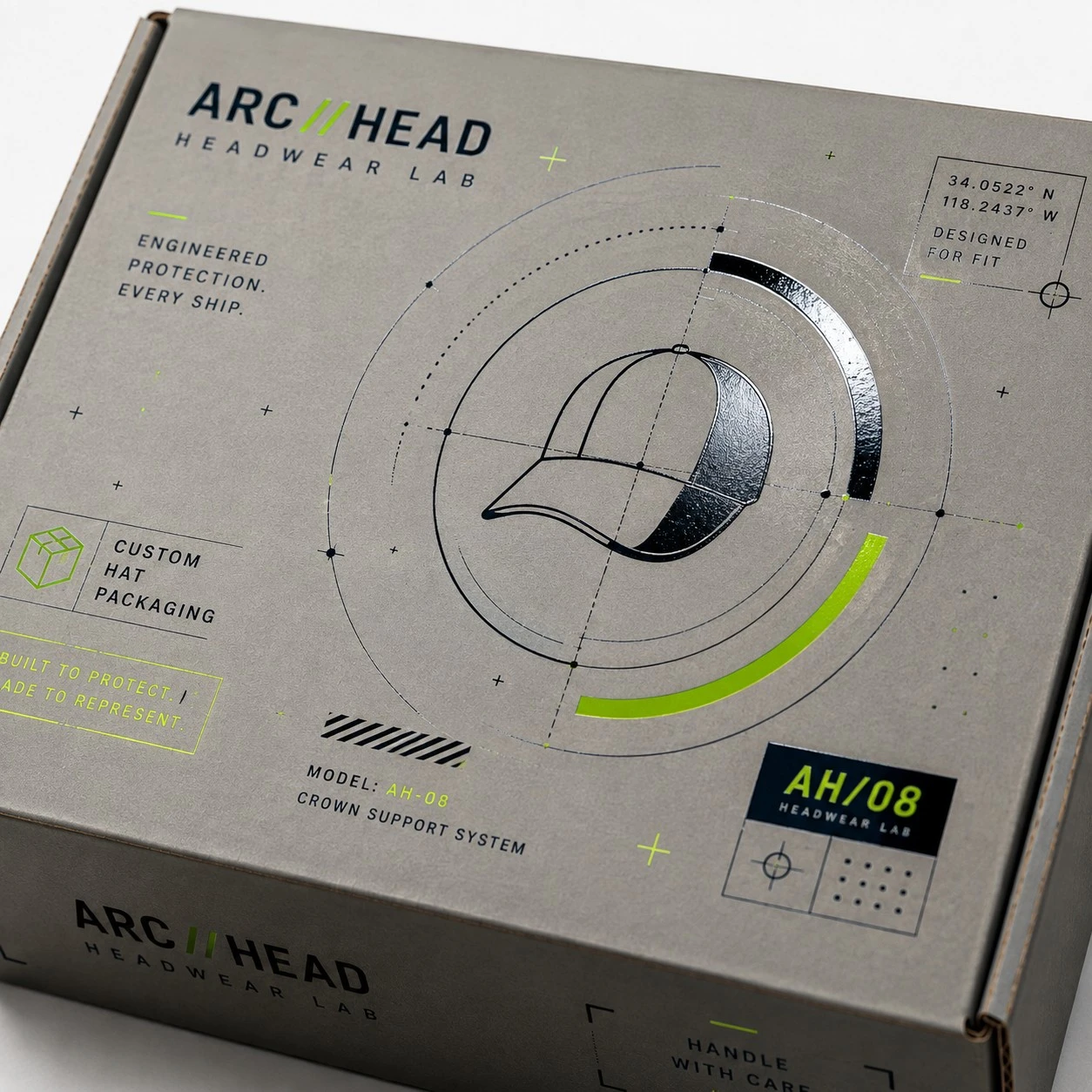 custom hat box arc head technical print detail